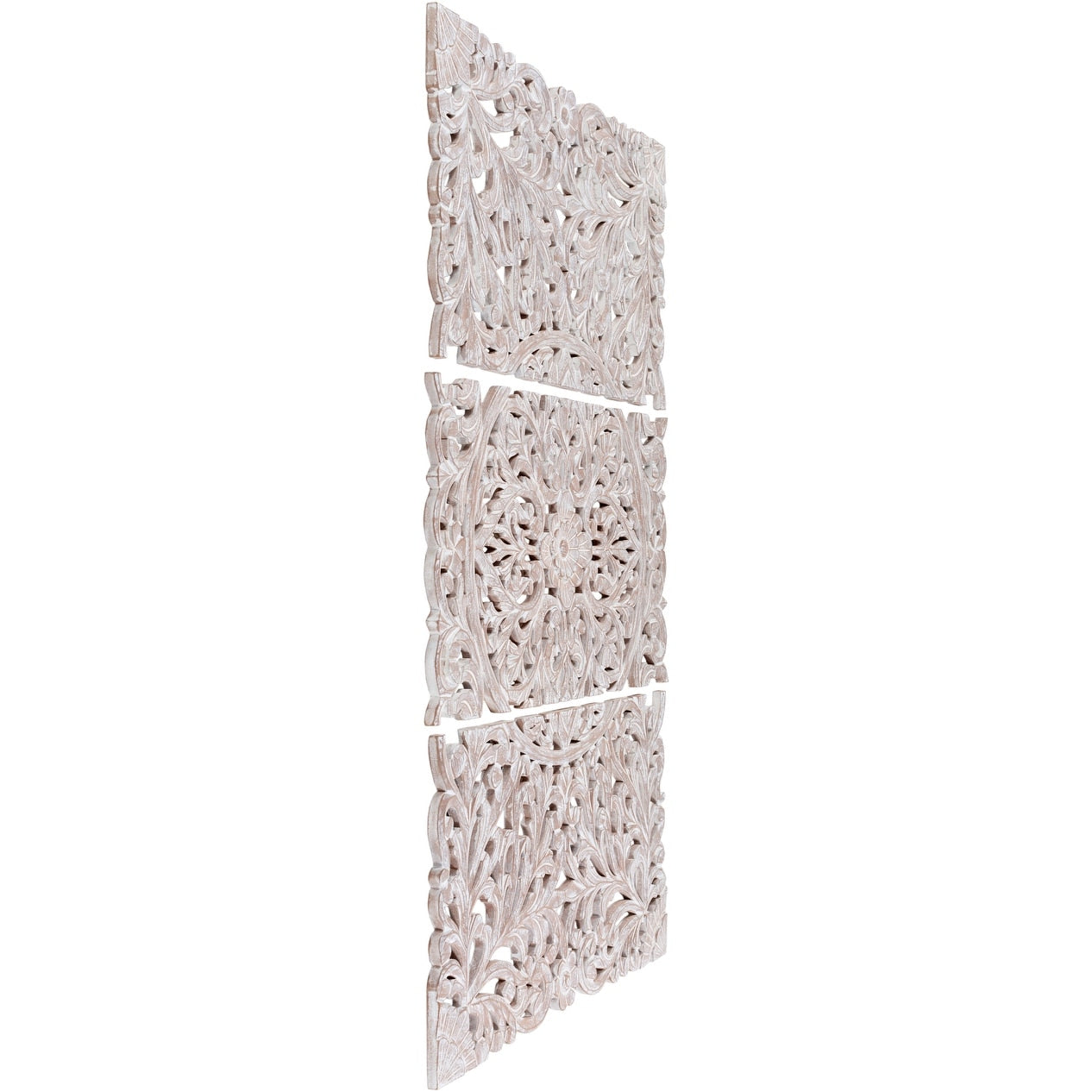 Norma - Tableau mural en bois naturel sculpté à la main, motif floral, 3 panneaux, 122 x 71 cm (48x28 pouces)