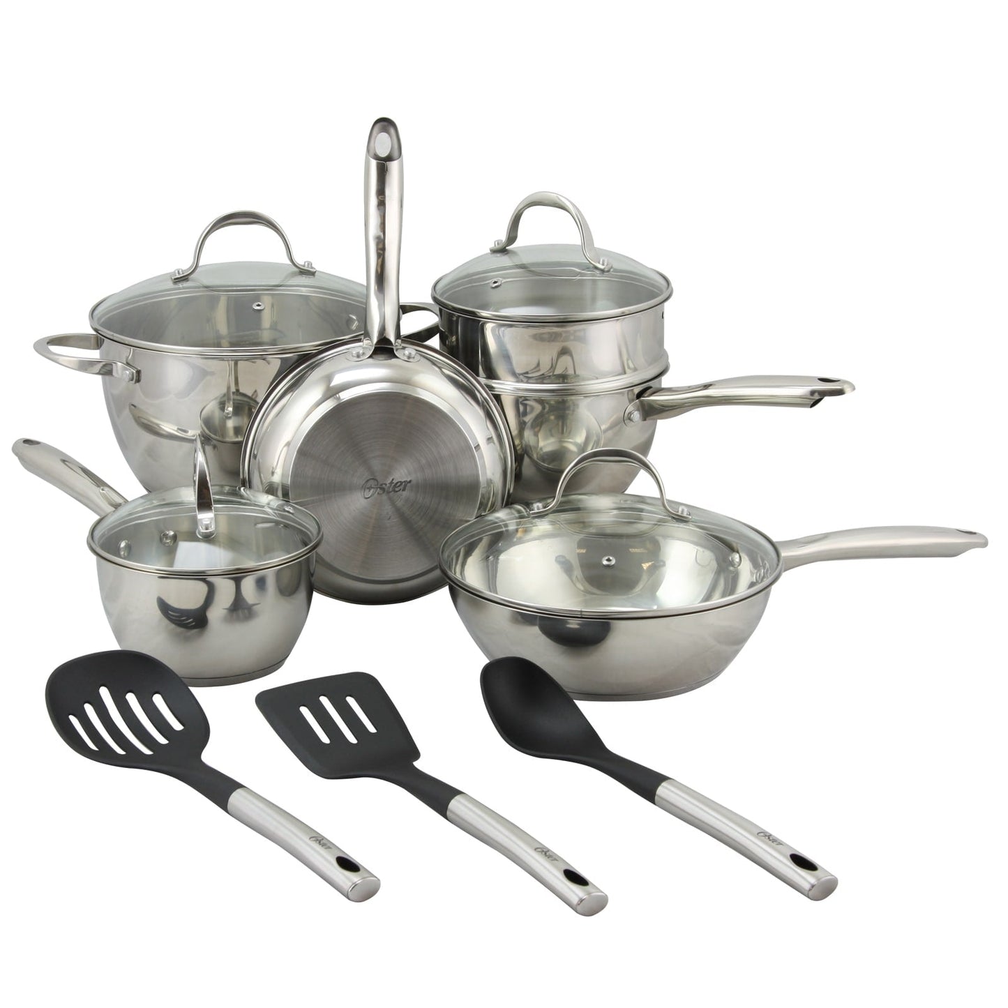Ensemble de casseroles et poêles Oster Ridgewell en acier inoxydable, 13 pièces, forme bombée.
