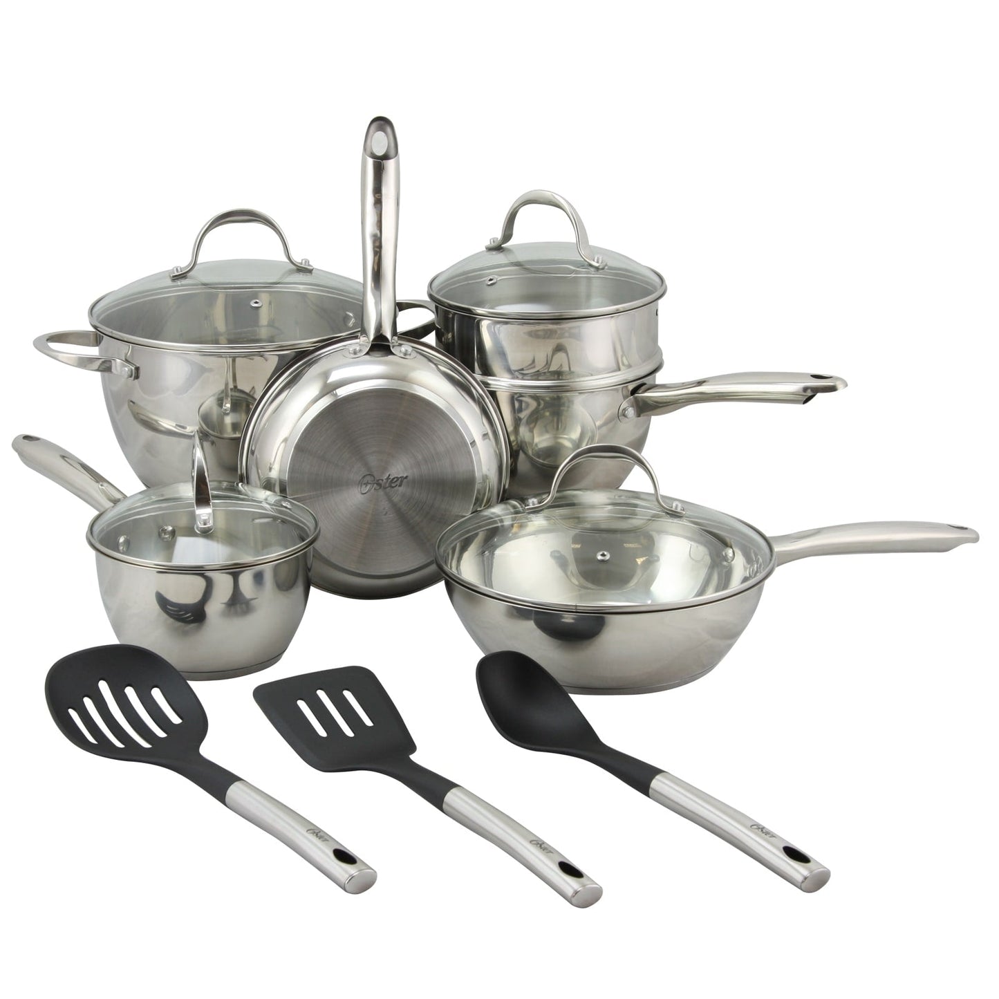 Ensemble de casseroles et poêles Oster Ridgewell en acier inoxydable, 13 pièces, forme bombée.