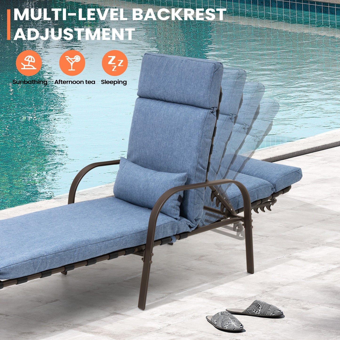 Chaise longue de jardin réglable avec coussin pour extérieur, pour terrasse, plage ou bord de piscine