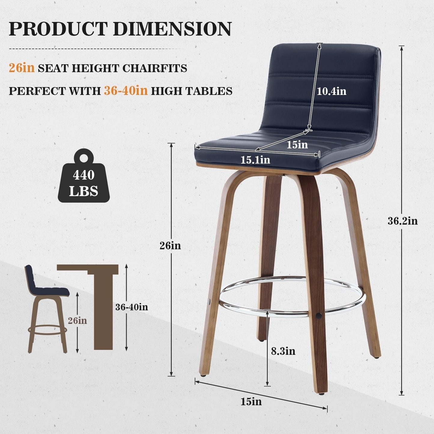 Tabourets de bar/hauts-sièges pivotants en simili cuir 26/29, lot de 2/3