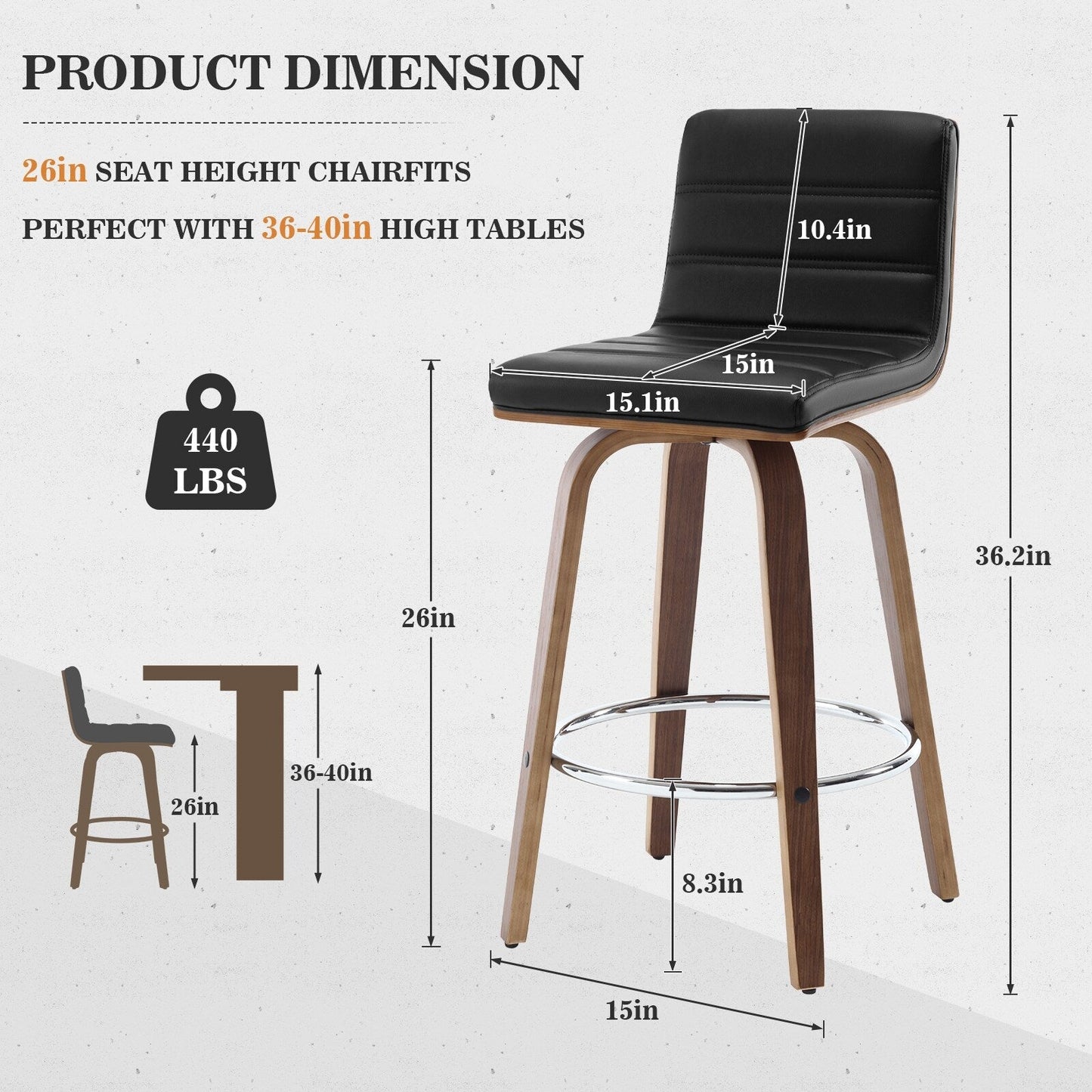 Tabourets de bar/hauts-sièges pivotants en simili cuir 26/29, lot de 2/3