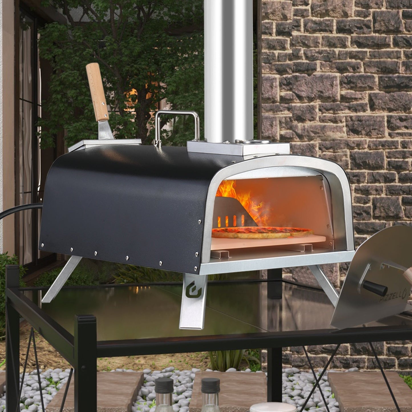 Four à pizza extérieur multi-combustible, cuiseur à pizza sur pierre avec brûleur à gaz et foyer à bois - 12 pouces