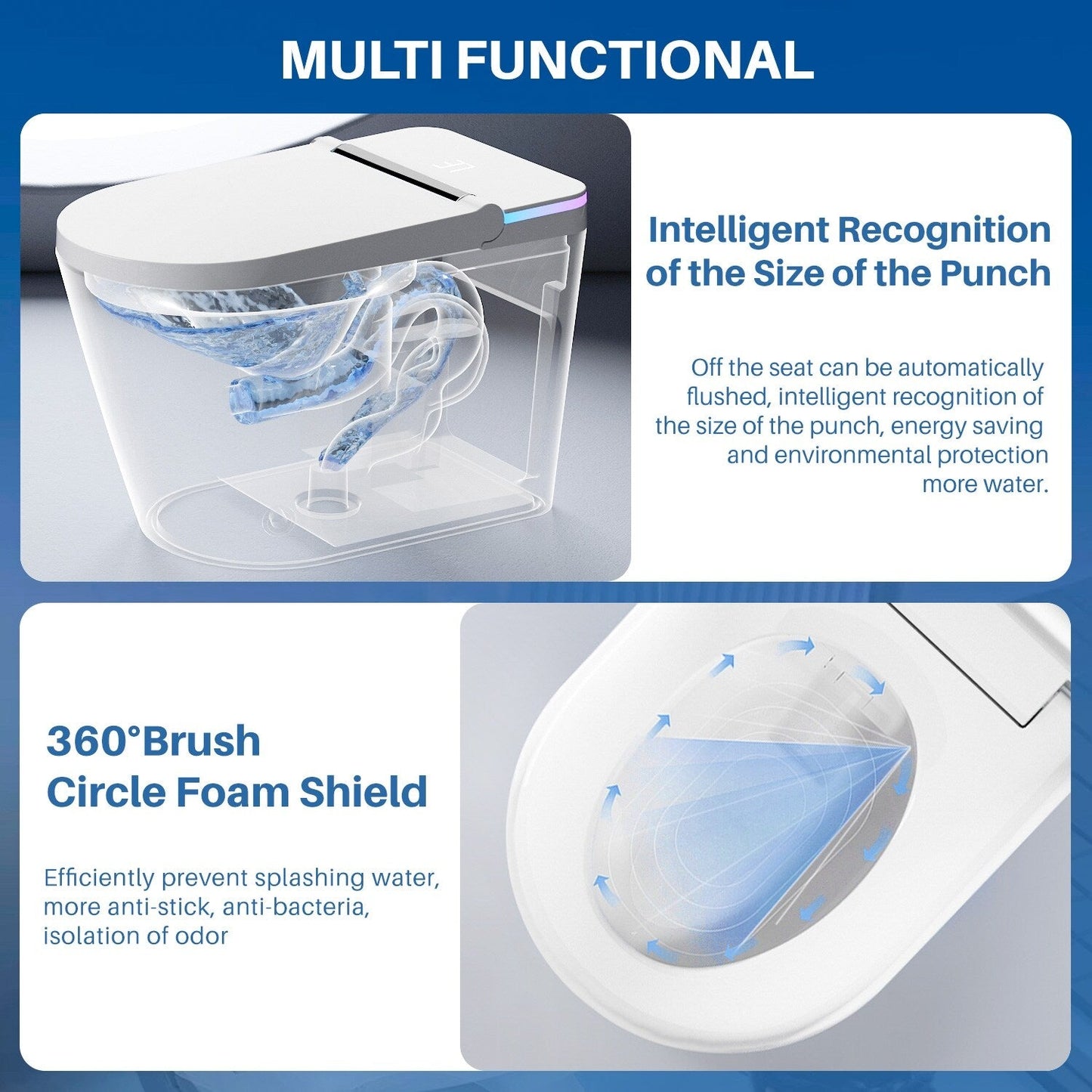 Toilettes intelligentes, Bidet à une pièce pour salles de bain, Toilettes modernes allongées avec eau chaude, Double chasse d'eau automatique, Fonctionnement par capteur de pied