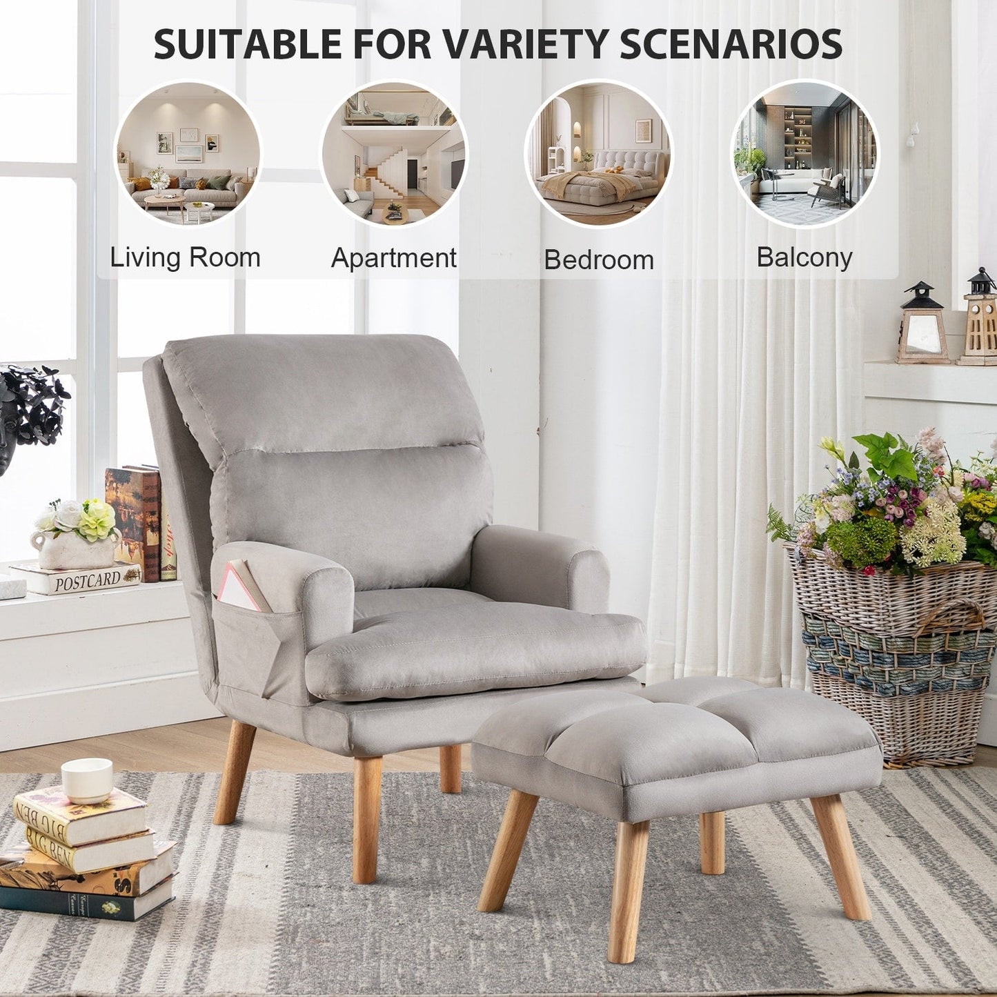 Fauteuil de salon confortable en tissu avec dossier et repose-pieds réglables