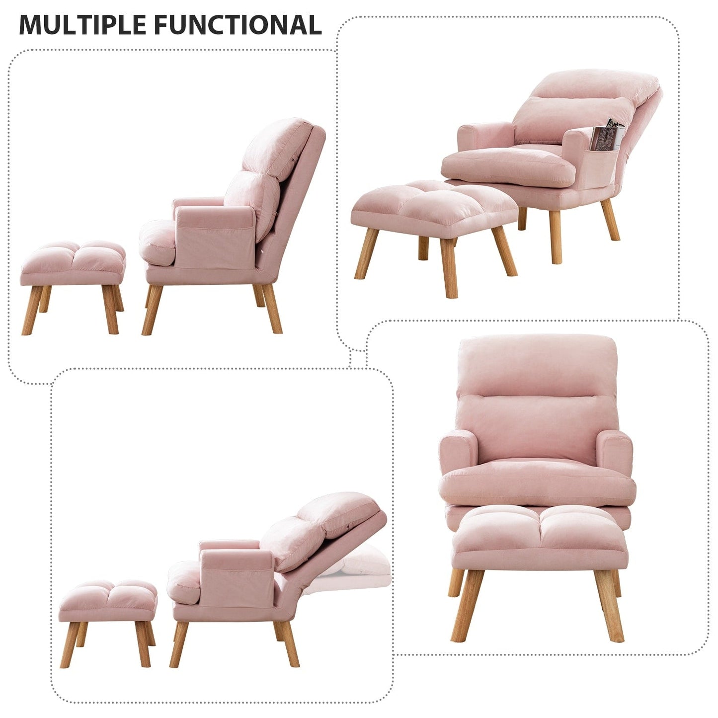 Fauteuil de salon confortable en tissu avec dossier et repose-pieds réglables