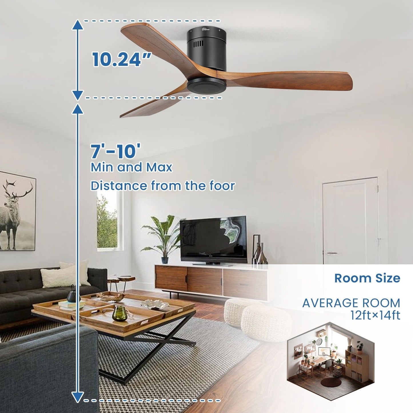 Ventilateur de plafond Sofucor à montage encastré de 52 pouces avec télécommande, moteur réversible et éclairage intégré en option.