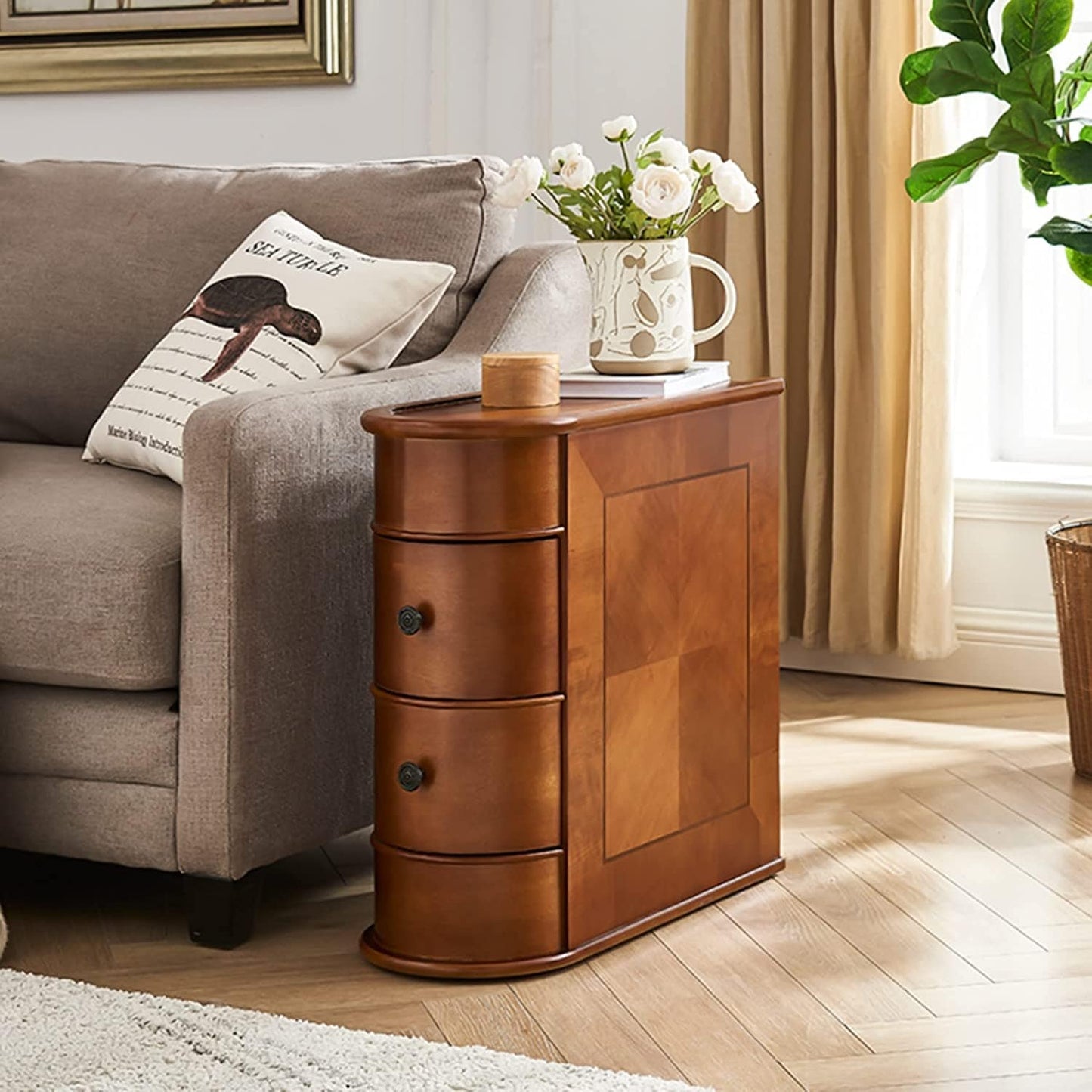 Table d'appoint en bois massif, table de chevet étroite à deux tiroirs, modèle Slim