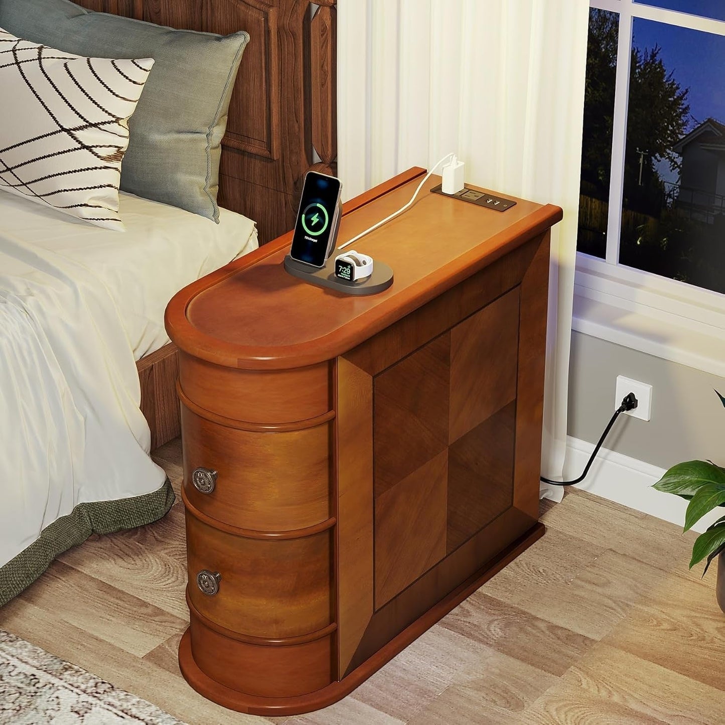Table d'appoint en bois massif, table de chevet étroite à deux tiroirs, modèle Slim