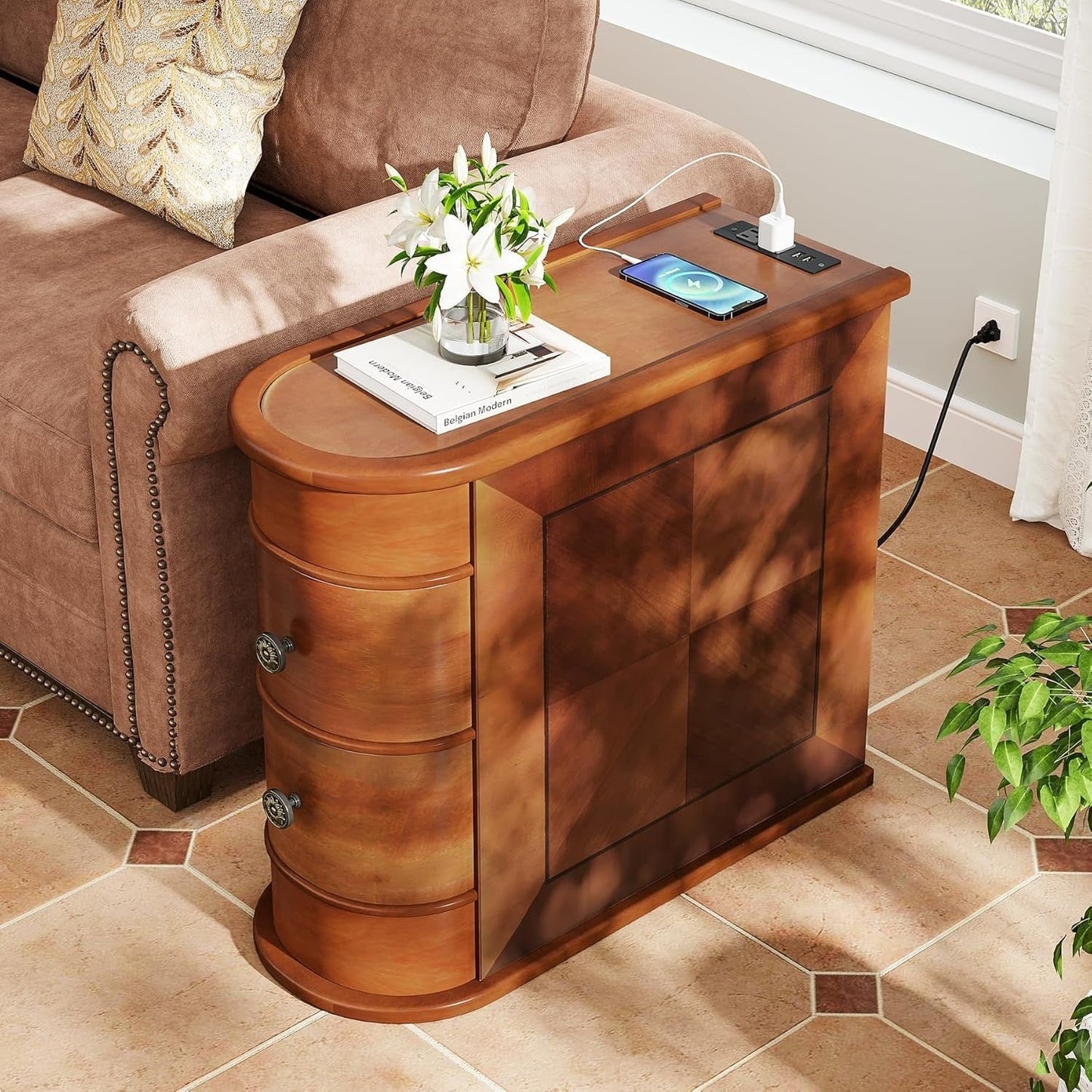 Table d'appoint en bois massif, table de chevet étroite à deux tiroirs, modèle Slim