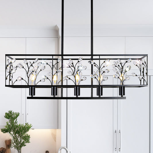 Luminaire suspendu rectangulaire linéaire à 5 lumières en cristal, style ferme, pour salle à manger, avec certification UL.