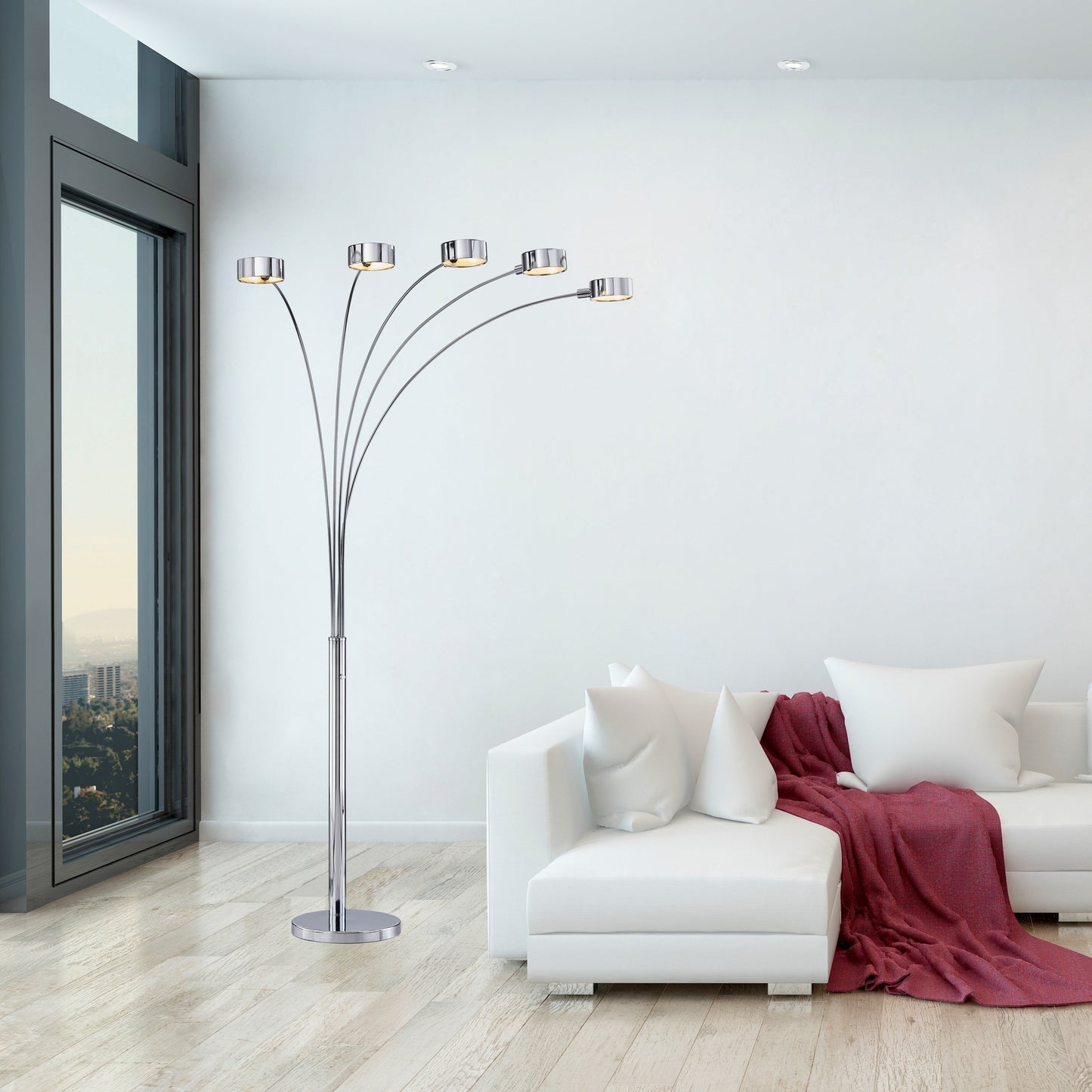 Lampe de sol à 5 lumières, modèle Charlie, en acier brossé, avec arche, de Strick & Bolton