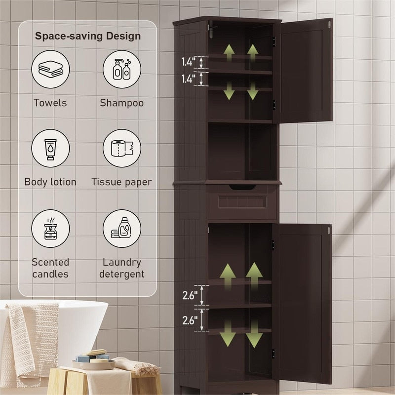 Armoire à linge de salle de bain étroite de 170 cm de hauteur, armoire de rangement autoportante en bois massif à 5 niveaux.