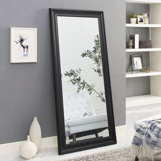 Grand miroir, miroir pleine taille, miroir rectangulaire mural suspendu, avec cadre en faux bois lisse.