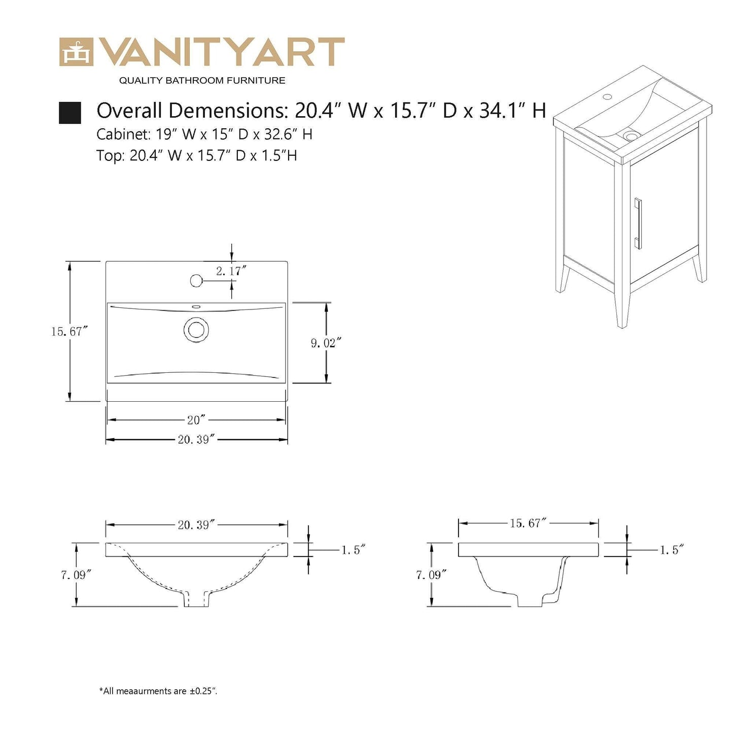 Meuble-lavabo de salle de bain Vanity Art avec lavabo simple, plateau en céramique, disponible en 20, 24 ou 30 pouces.