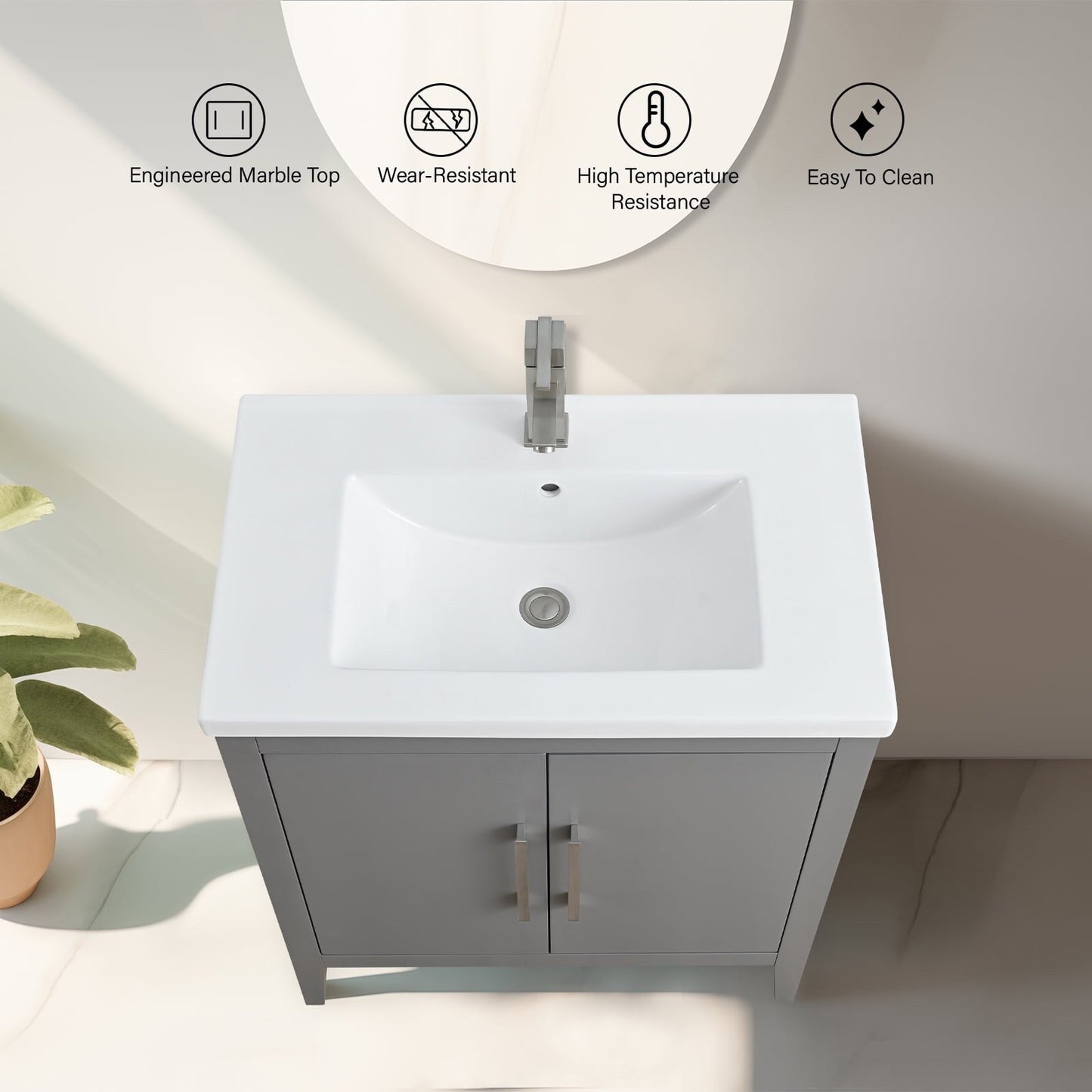 Meuble-lavabo de salle de bain Vanity Art avec lavabo simple, plateau en céramique, disponible en 20, 24 ou 30 pouces.