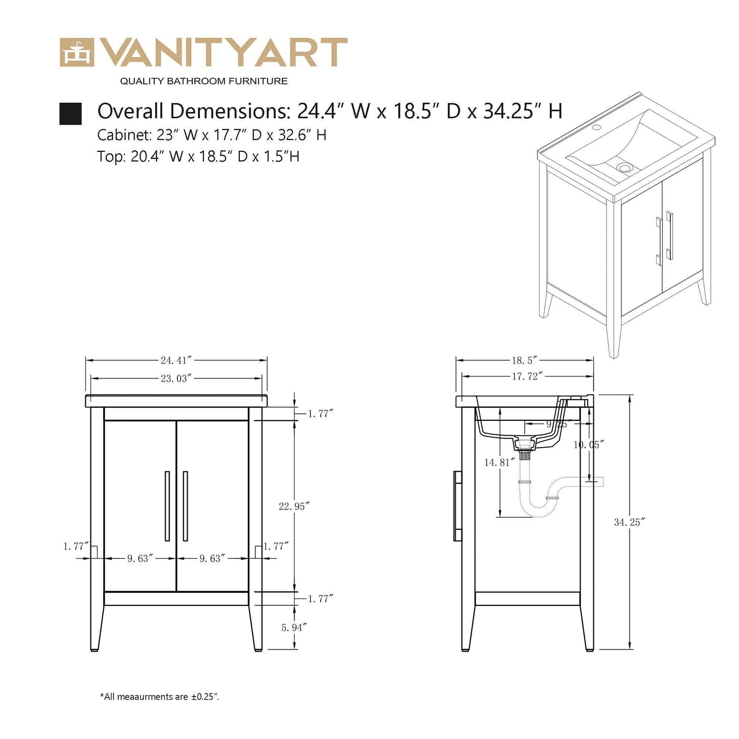 Meuble-lavabo de salle de bain Vanity Art avec lavabo simple, plateau en céramique, disponible en 20, 24 ou 30 pouces.