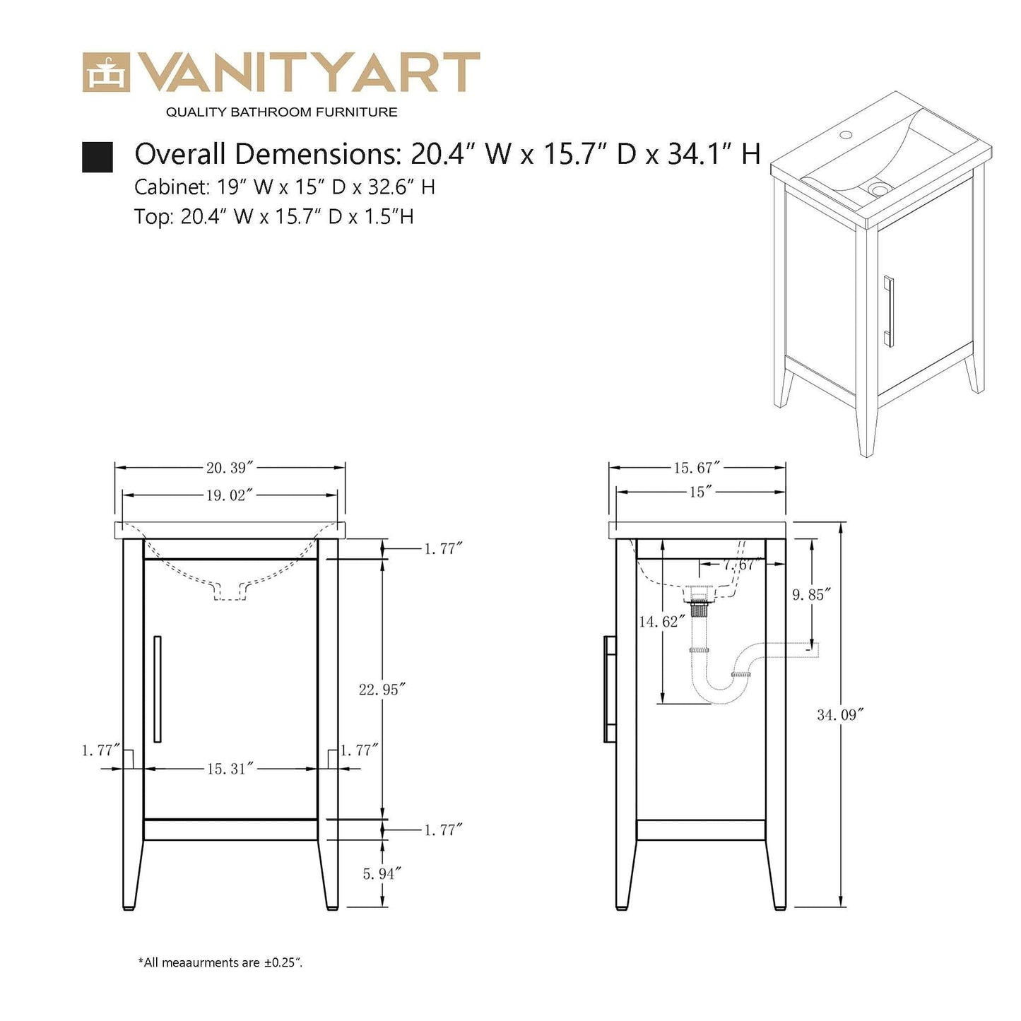 Meuble-lavabo de salle de bain Vanity Art avec lavabo simple, plateau en céramique, disponible en 20, 24 ou 30 pouces.