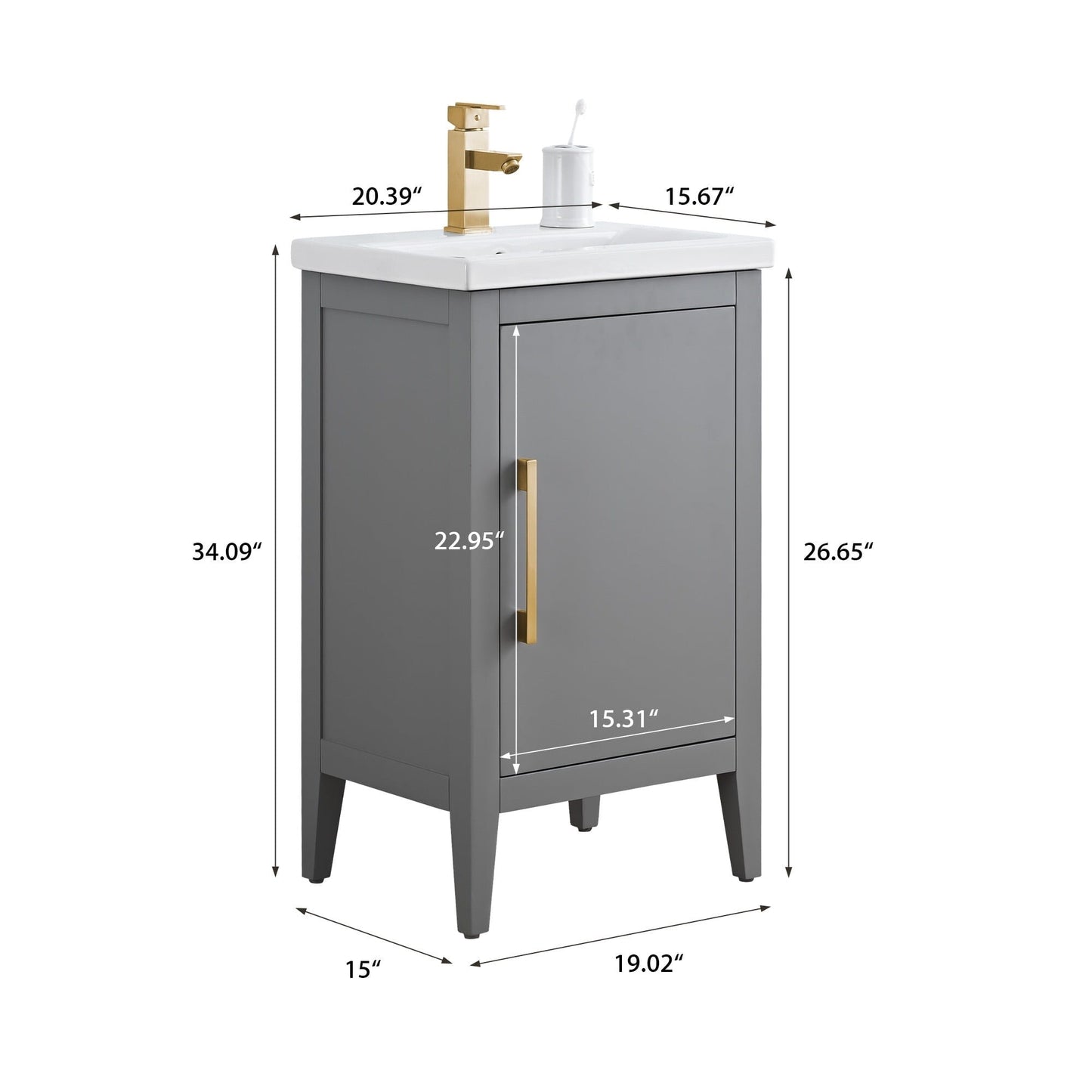 Meuble-lavabo de salle de bain Vanity Art avec lavabo simple, plateau en céramique, disponible en 20, 24 ou 30 pouces.