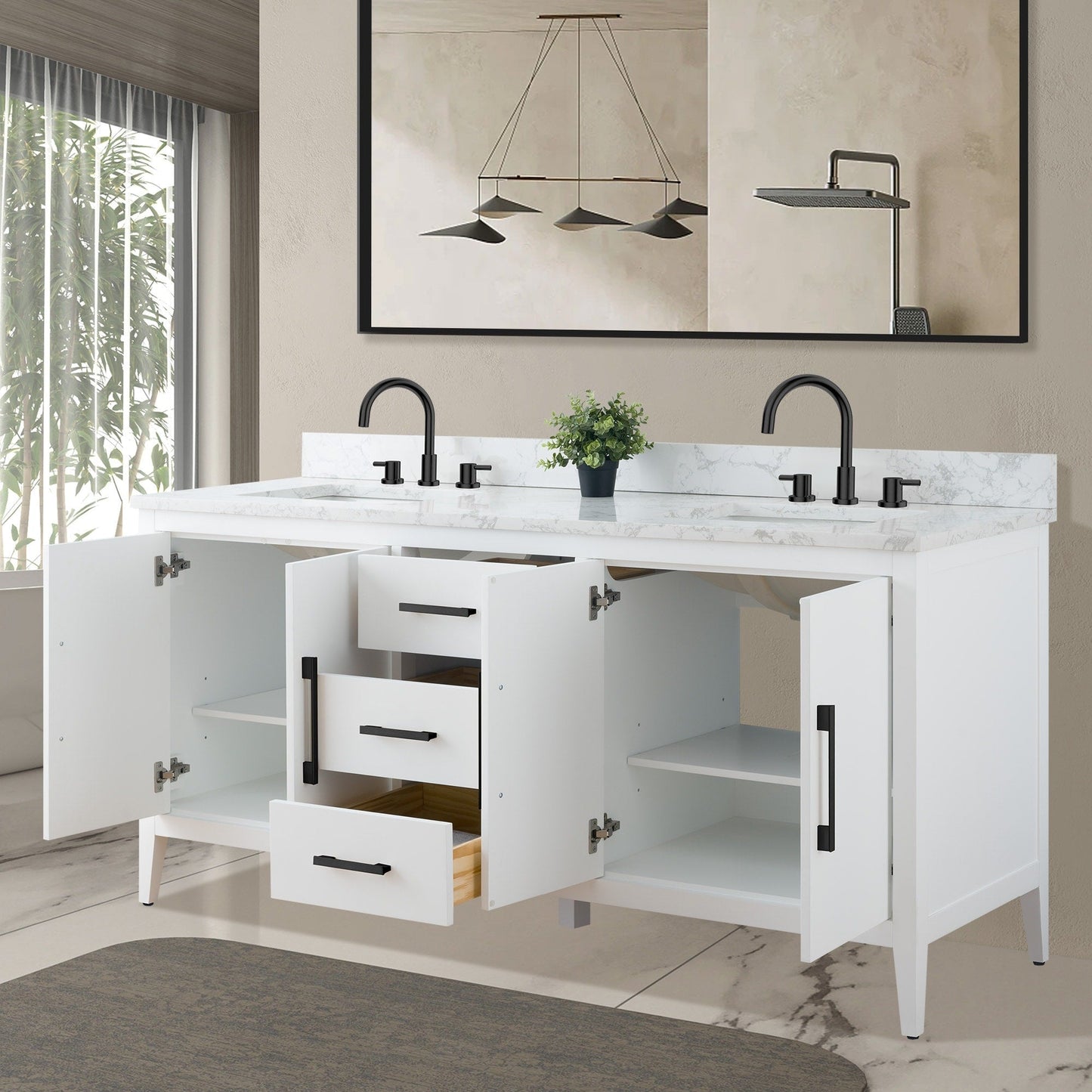 Meuble-lavabo de salle de bain Art 72 avec double lavabo et dessus en marbre synthétique.