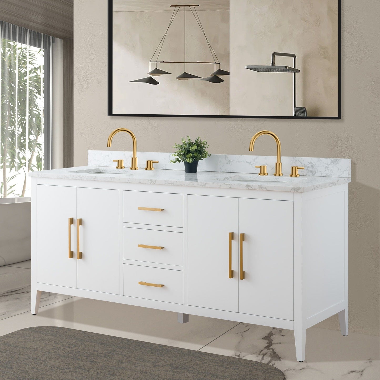Meuble-lavabo de salle de bain Art 72 avec double lavabo et dessus en marbre synthétique.