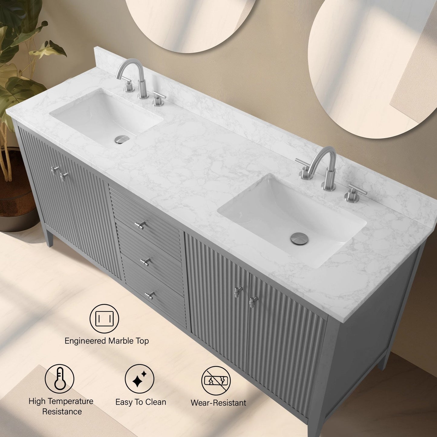 Meuble-lavabo de salle de bain Art 72 avec double lavabo et dessus en marbre synthétique.