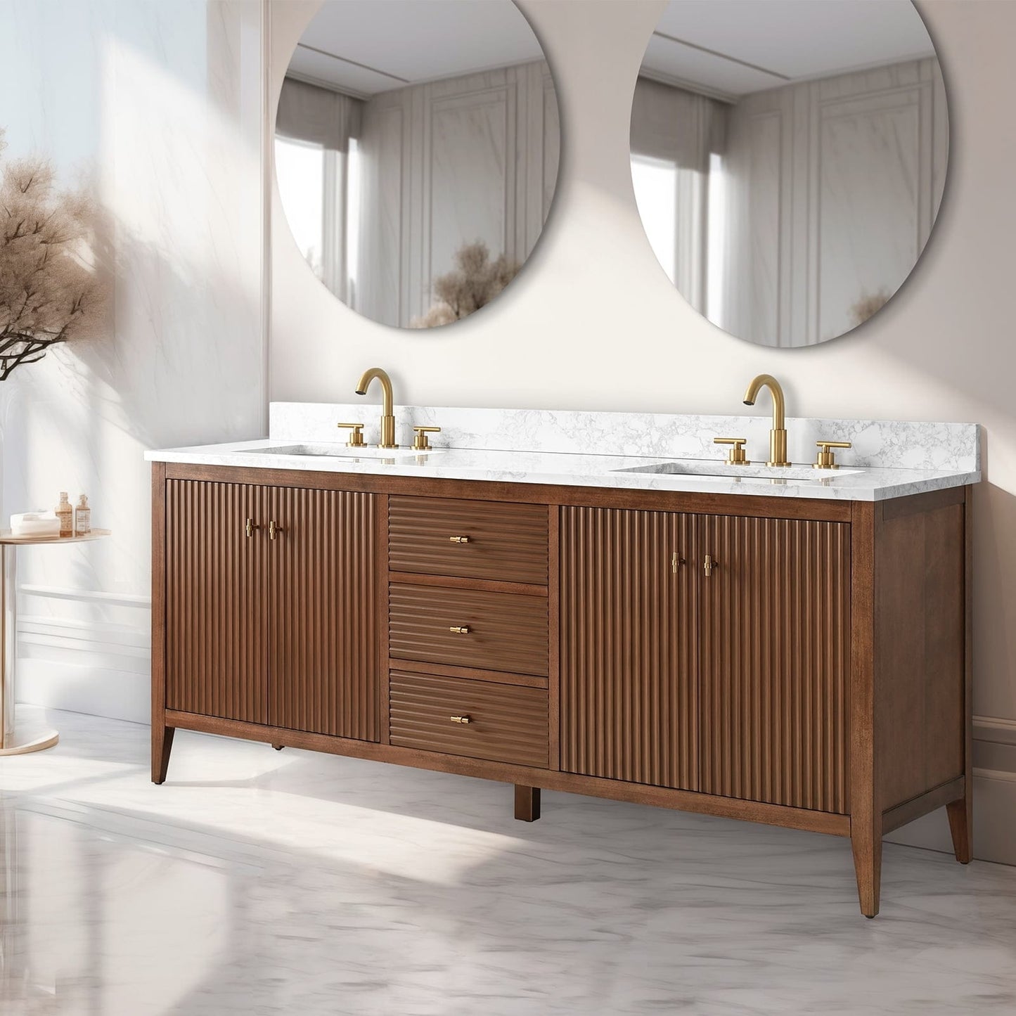 Meuble-lavabo de salle de bain Art 72 avec double lavabo et dessus en marbre synthétique.