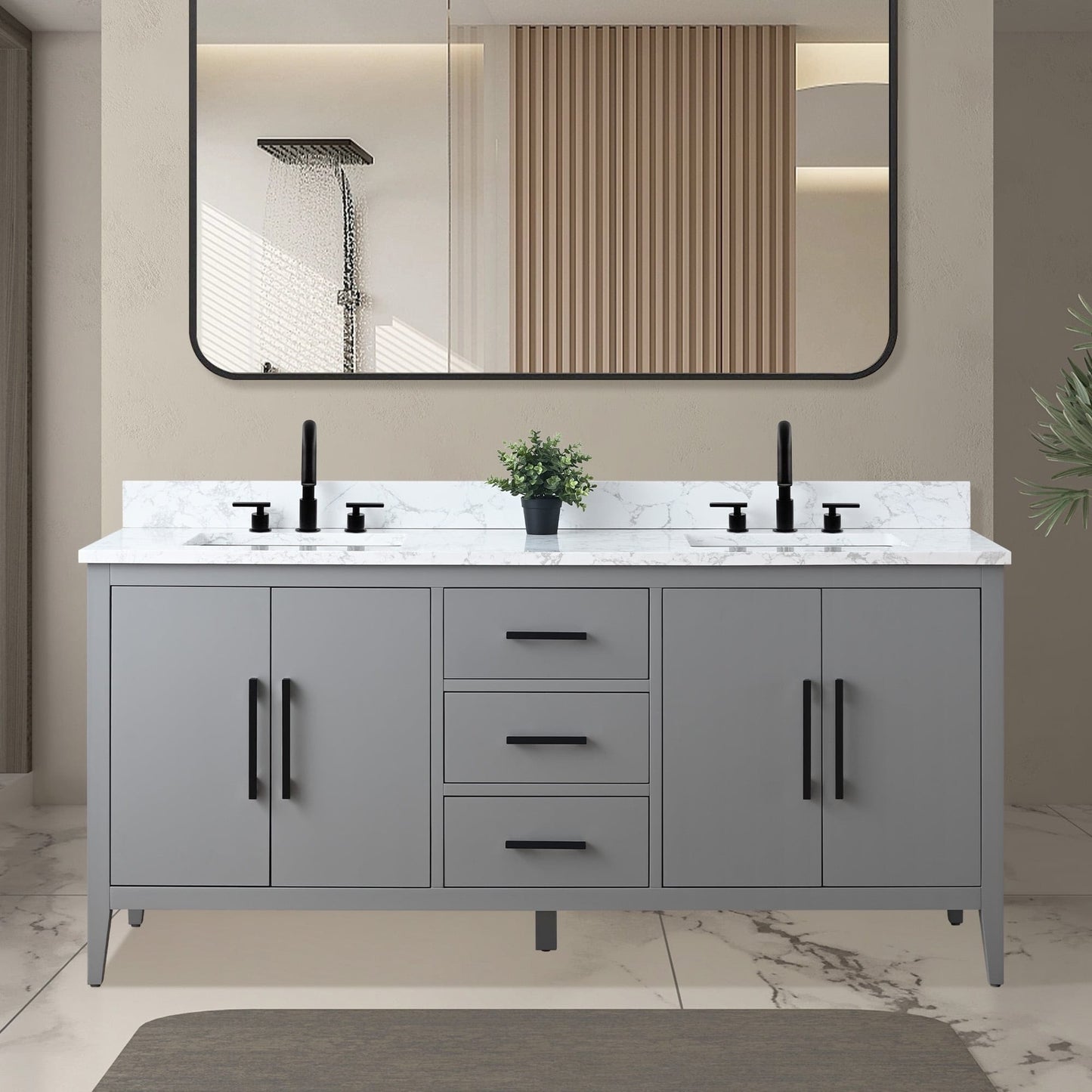 Meuble-lavabo de salle de bain Art 72 avec double lavabo et dessus en marbre synthétique.
