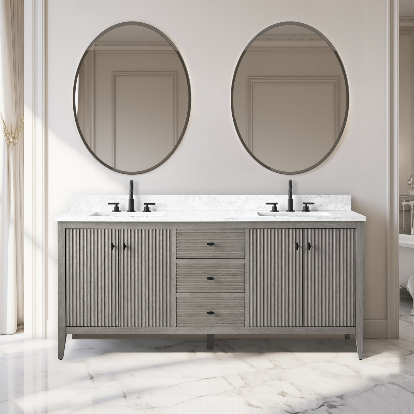 Meuble-lavabo de salle de bain Art 72 avec double lavabo et dessus en marbre synthétique.