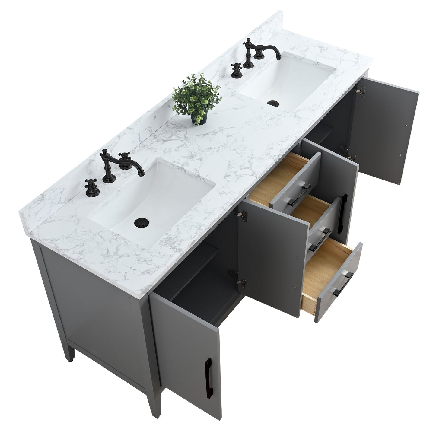 Meuble-lavabo de salle de bain Art 72 avec double lavabo et dessus en marbre synthétique.