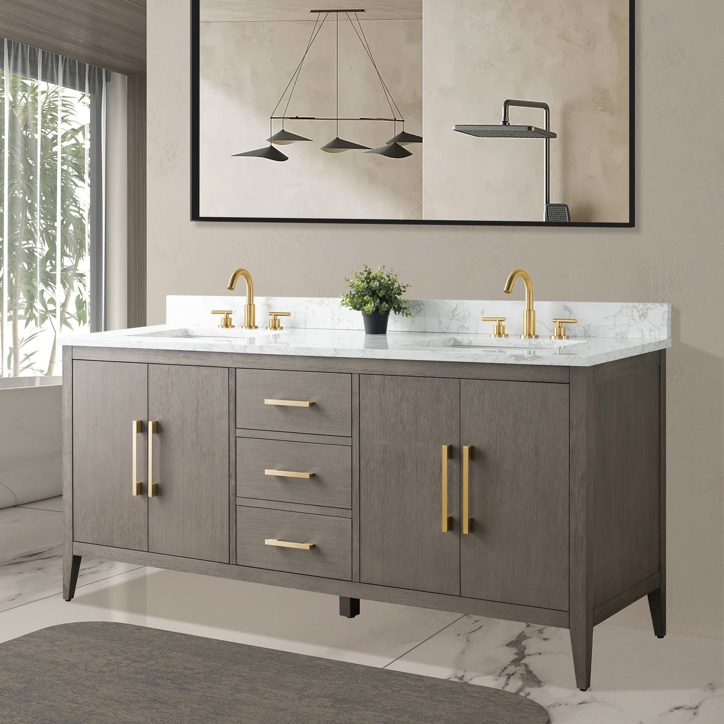 Meuble-lavabo de salle de bain Art 72 avec double lavabo et dessus en marbre synthétique.
