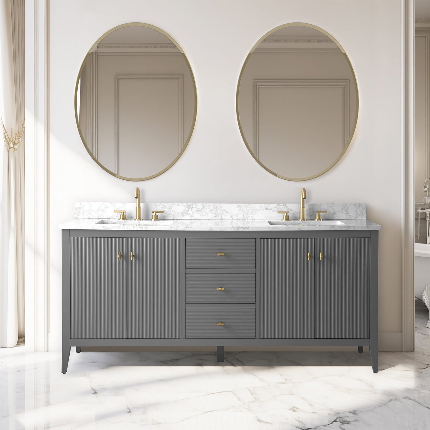 Meuble-lavabo de salle de bain Art 72 avec double lavabo et dessus en marbre synthétique.