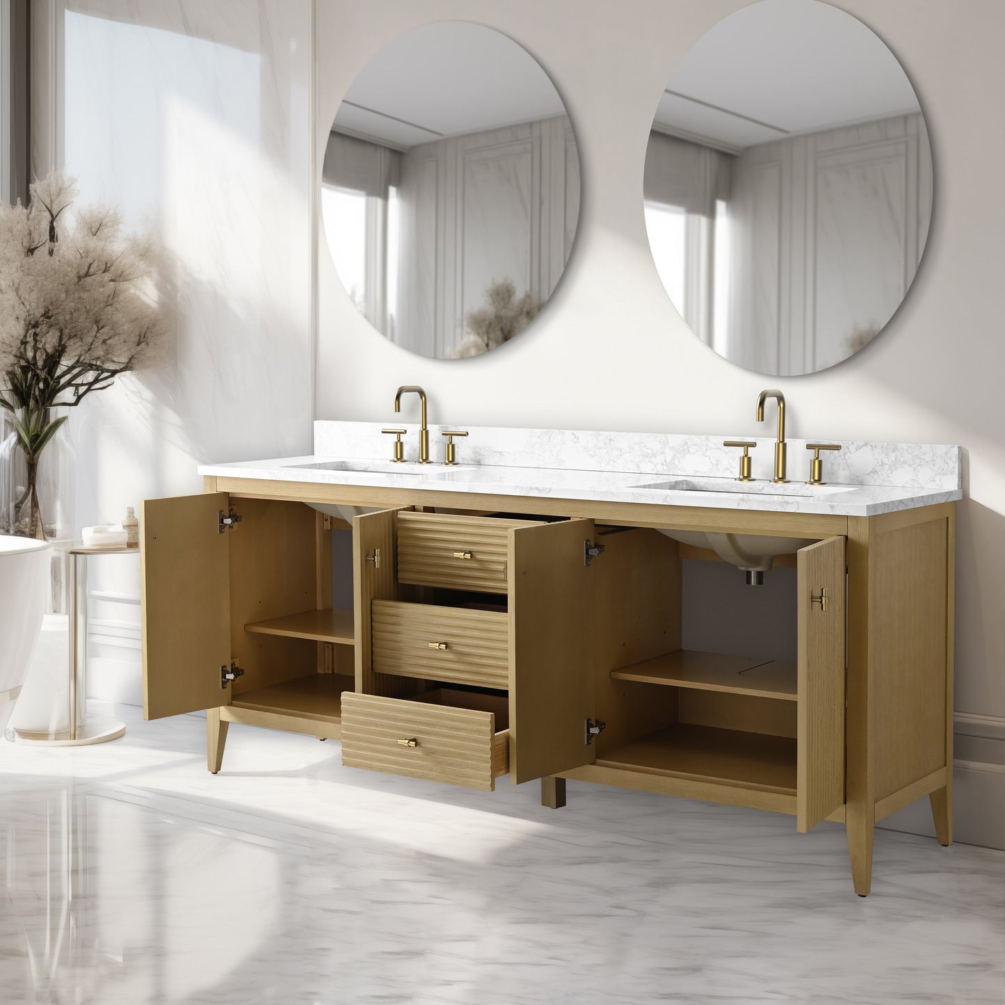 Meuble-lavabo de salle de bain Art 72 avec double lavabo et dessus en marbre synthétique.