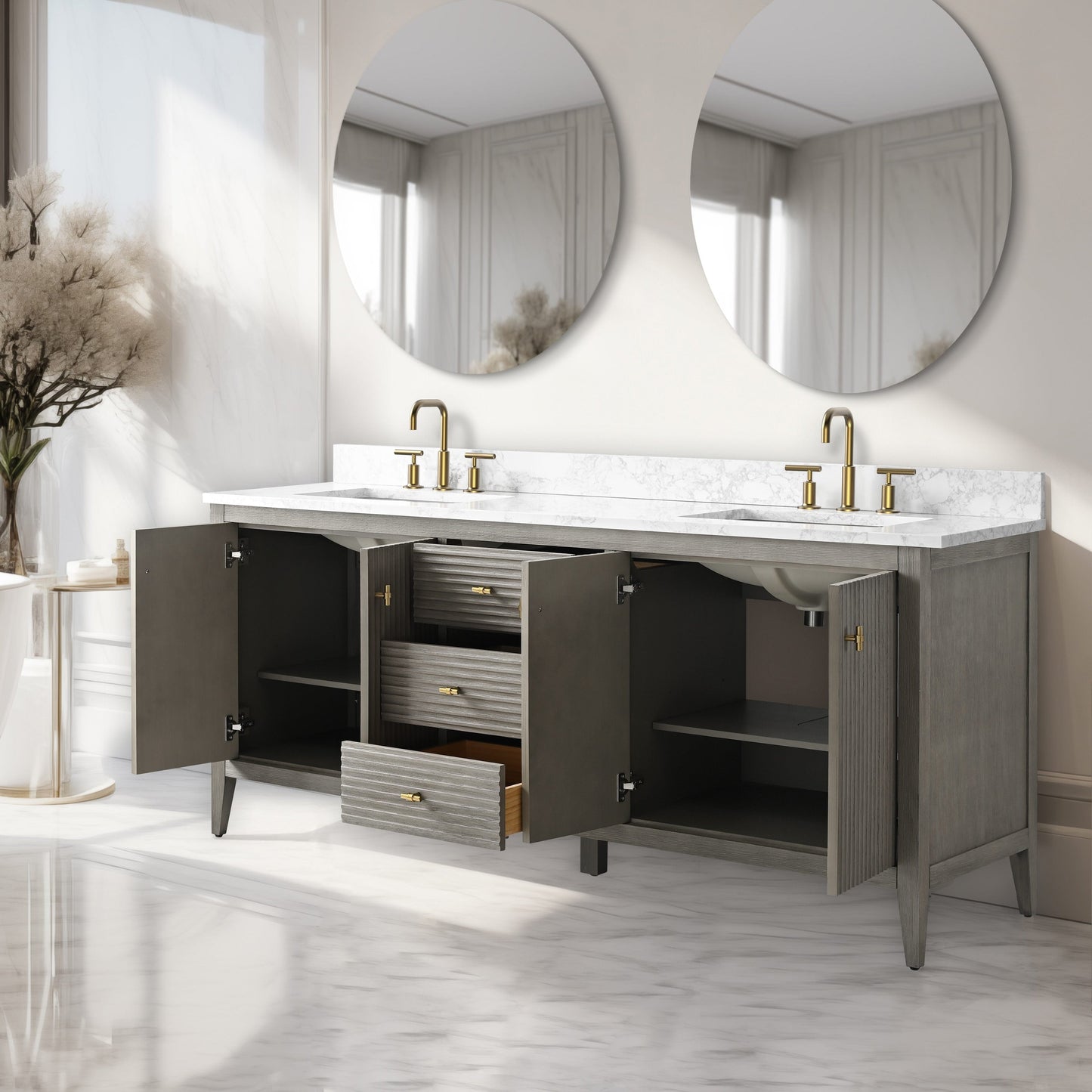 Meuble-lavabo de salle de bain Art 72 avec double lavabo et dessus en marbre synthétique.