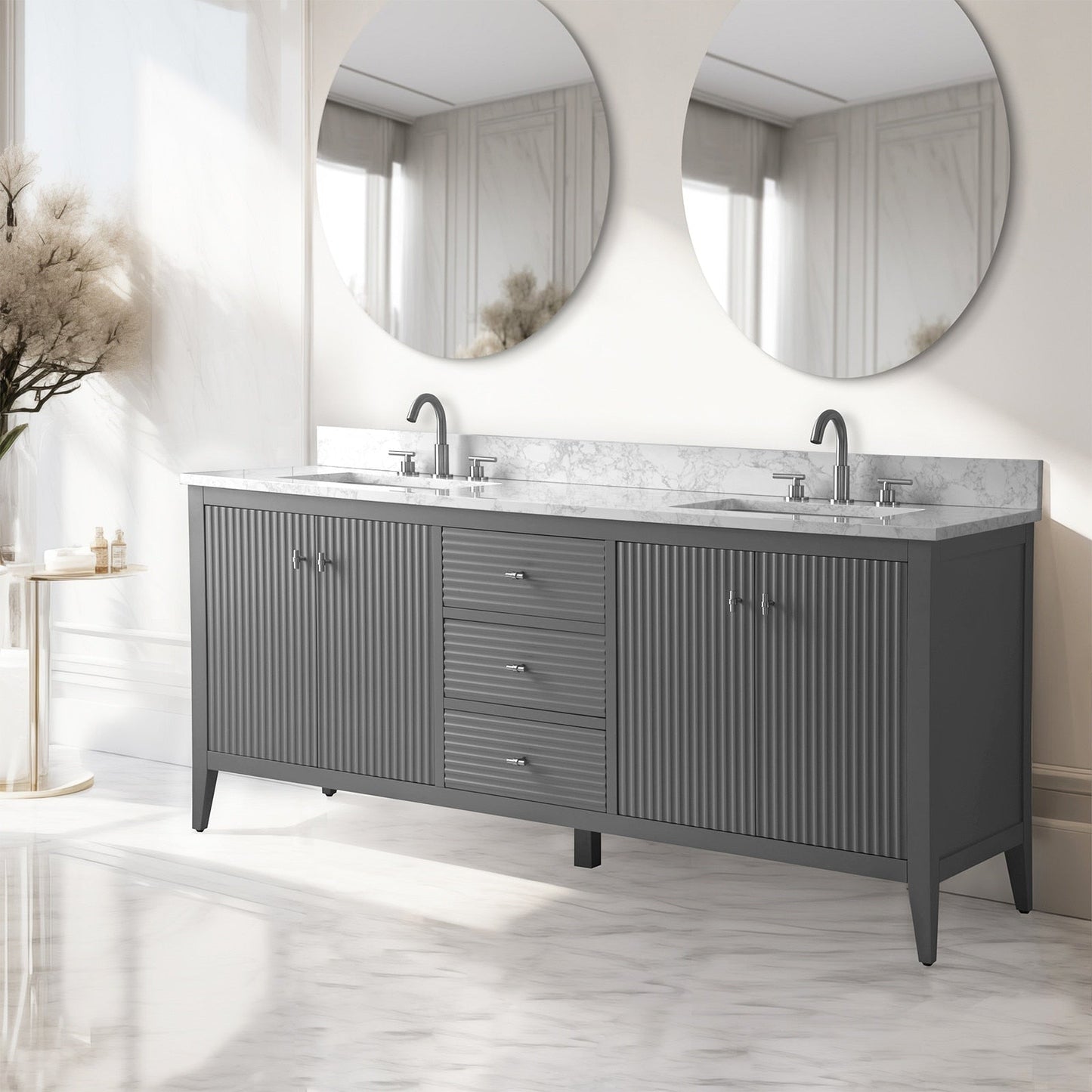 Meuble-lavabo de salle de bain Art 72 avec double lavabo et dessus en marbre synthétique.