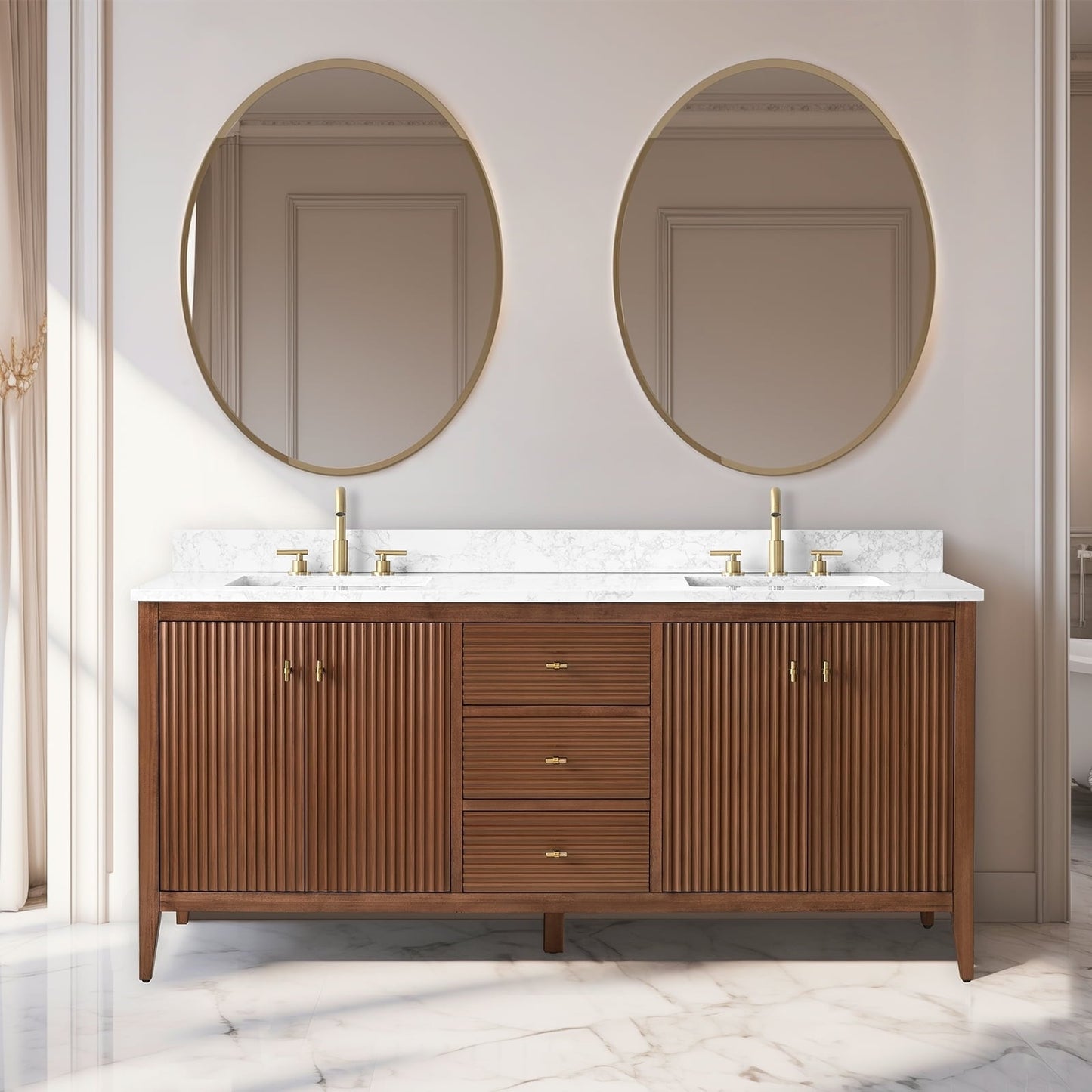 Meuble-lavabo de salle de bain Art 72 avec double lavabo et dessus en marbre synthétique.