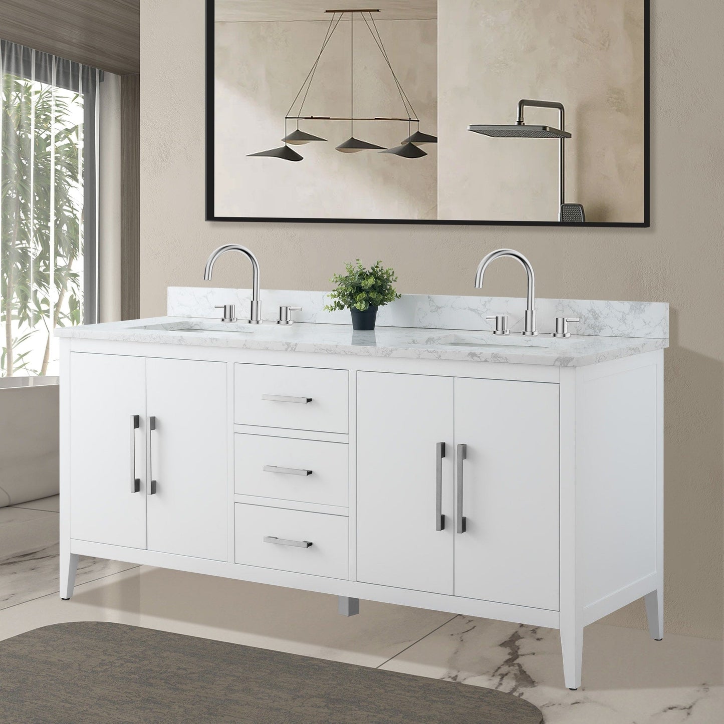 Meuble-lavabo de salle de bain Art 72 avec double lavabo et dessus en marbre synthétique.