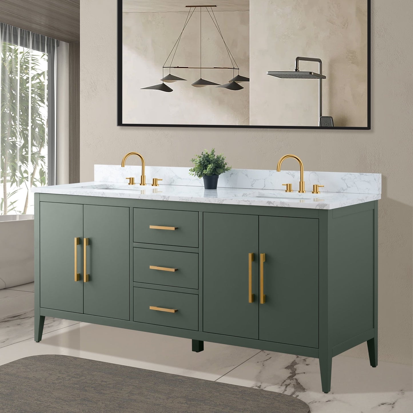 Meuble-lavabo de salle de bain Art 72 avec double lavabo et dessus en marbre synthétique.