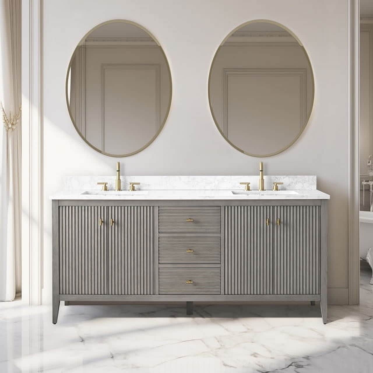 Meuble-lavabo de salle de bain Art 72 avec double lavabo et dessus en marbre synthétique.