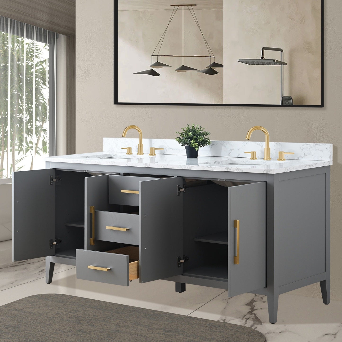 Meuble-lavabo de salle de bain Art 72 avec double lavabo et dessus en marbre synthétique.