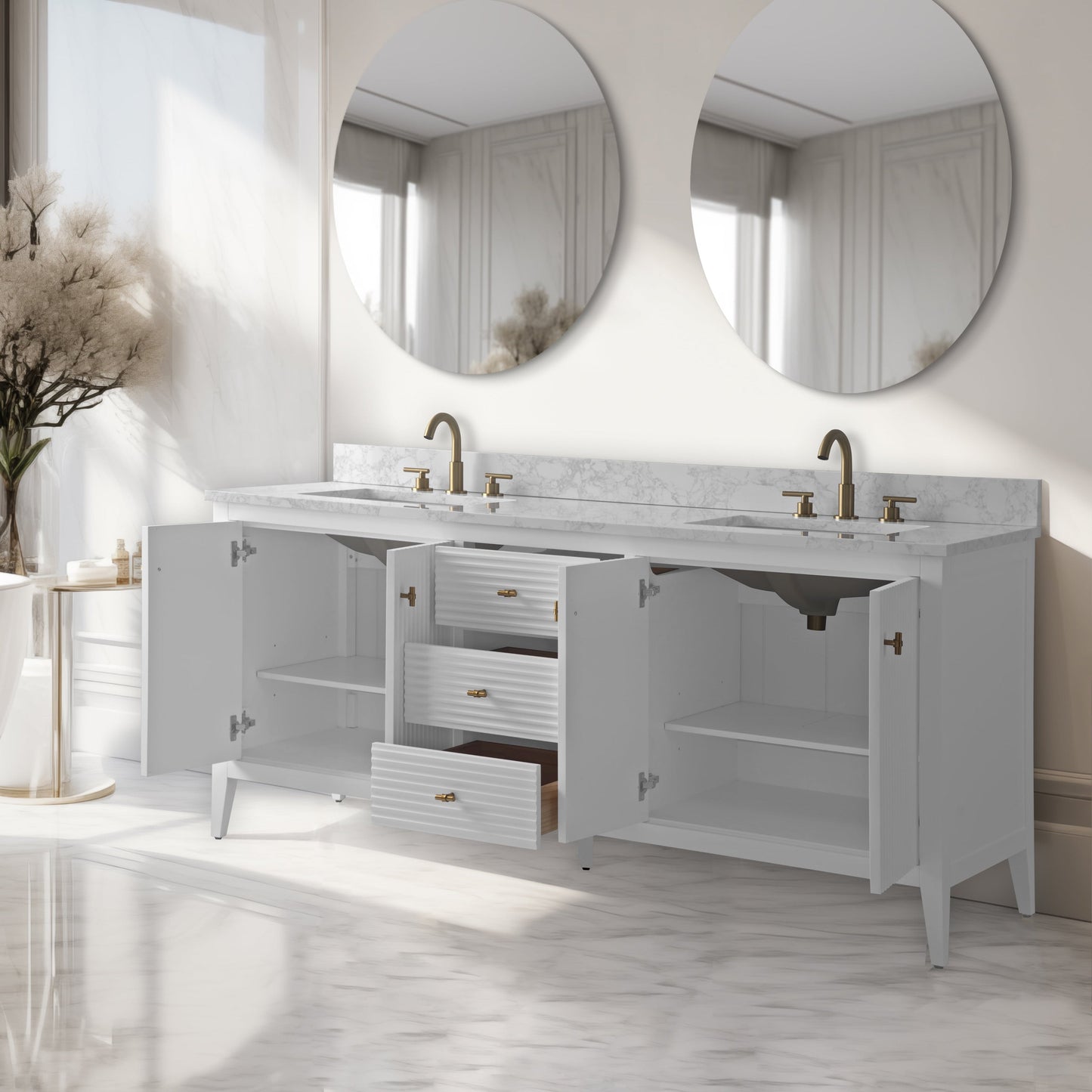 Meuble-lavabo de salle de bain Art 72 avec double lavabo et dessus en marbre synthétique.