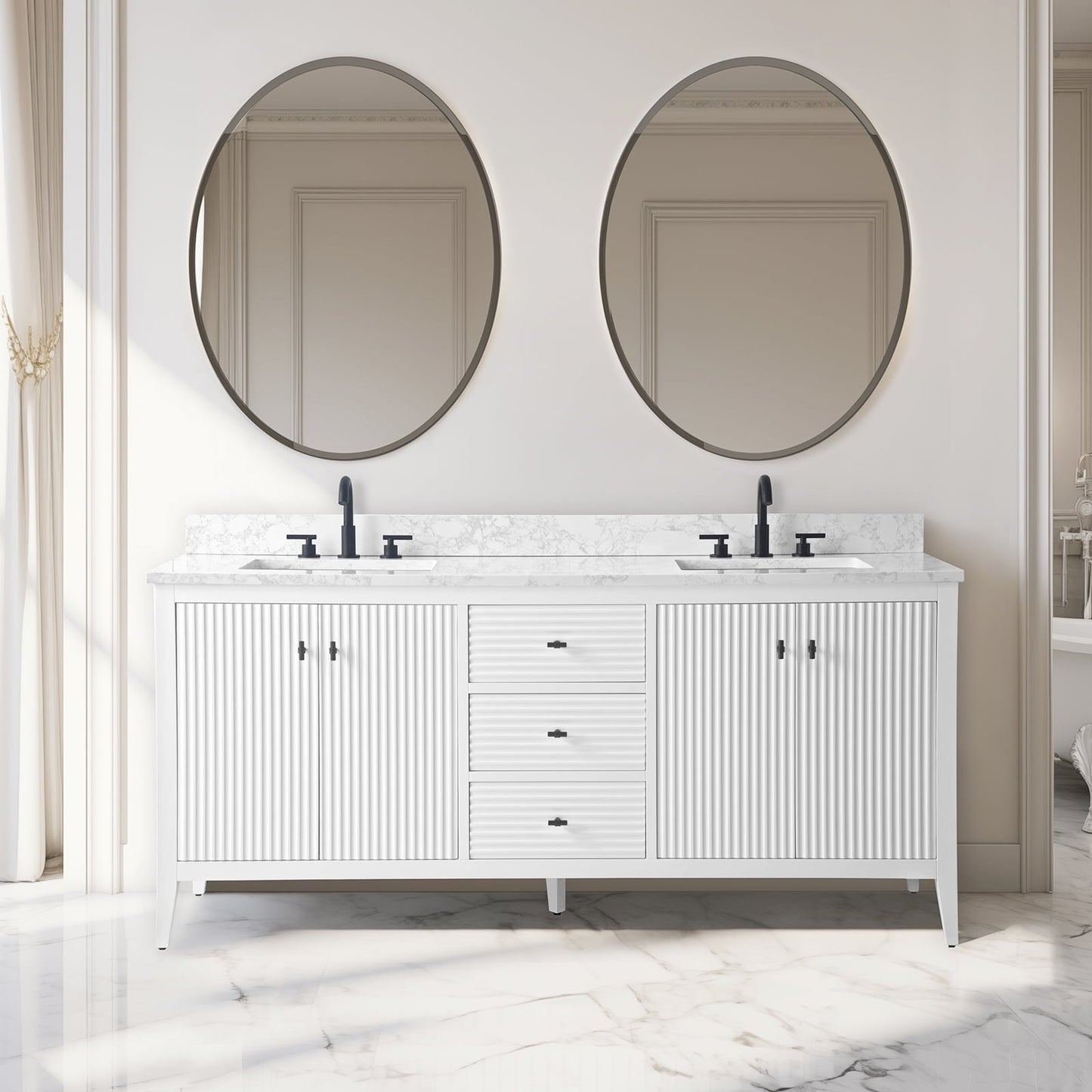 Meuble-lavabo de salle de bain Art 72 avec double lavabo et dessus en marbre synthétique.