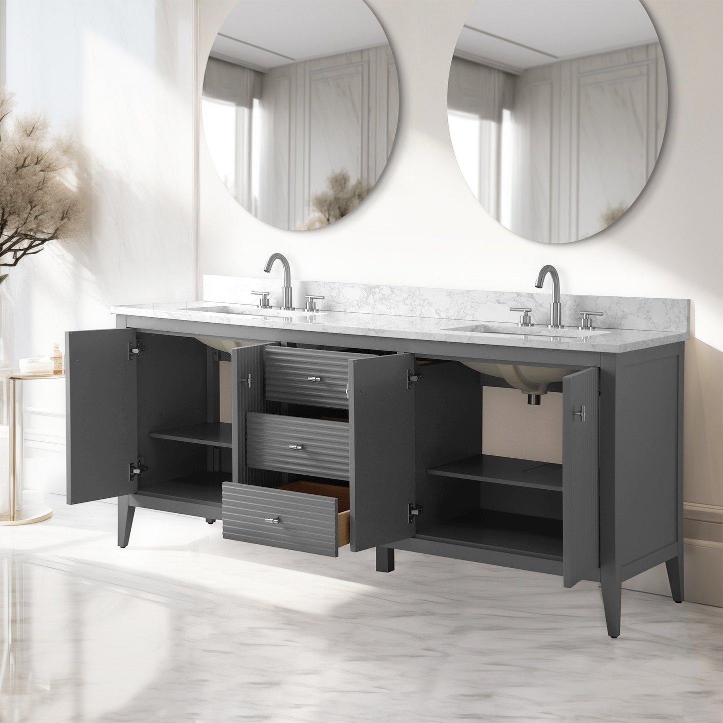 Meuble-lavabo de salle de bain Art 72 avec double lavabo et dessus en marbre synthétique.