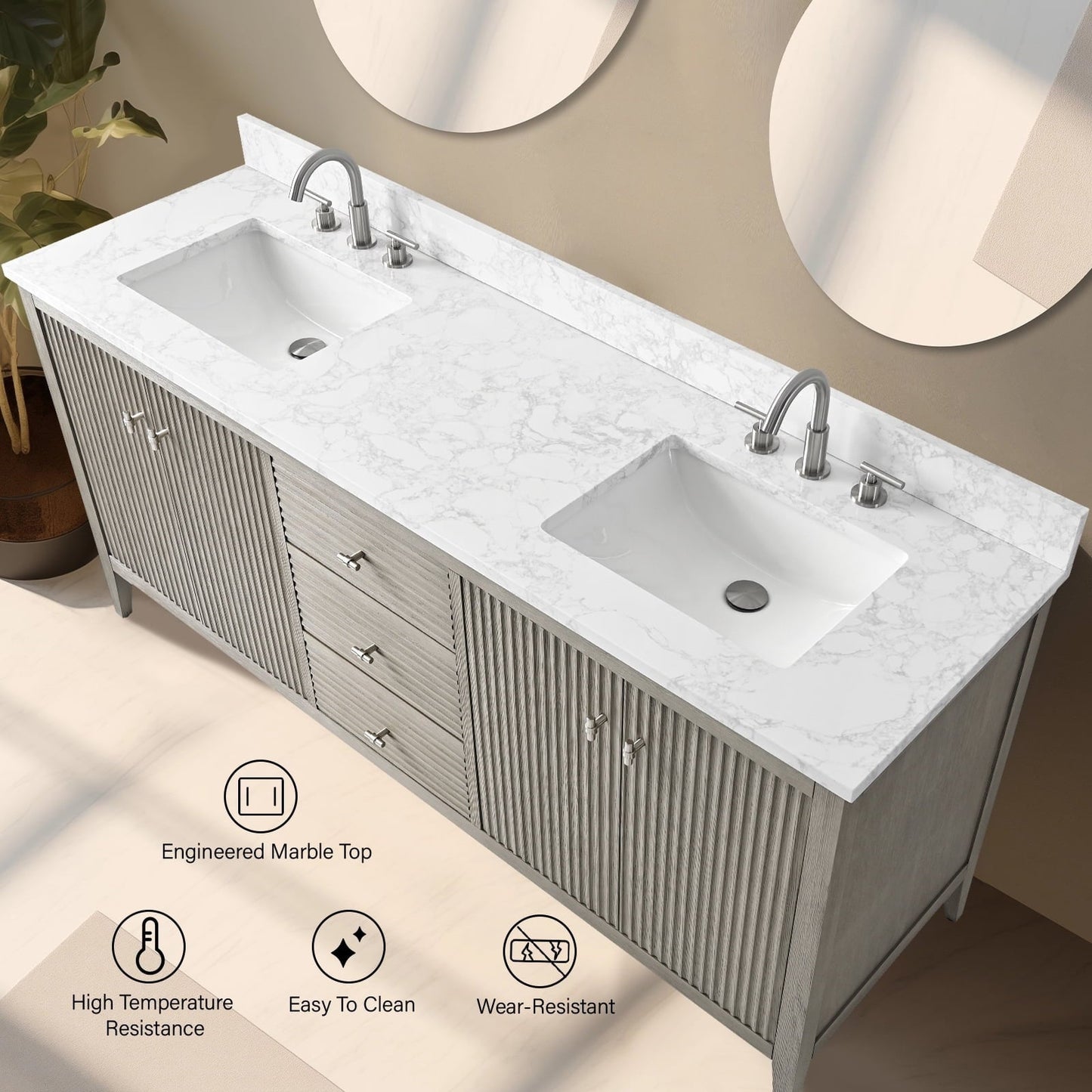 Meuble-lavabo de salle de bain Art 72 avec double lavabo et dessus en marbre synthétique.