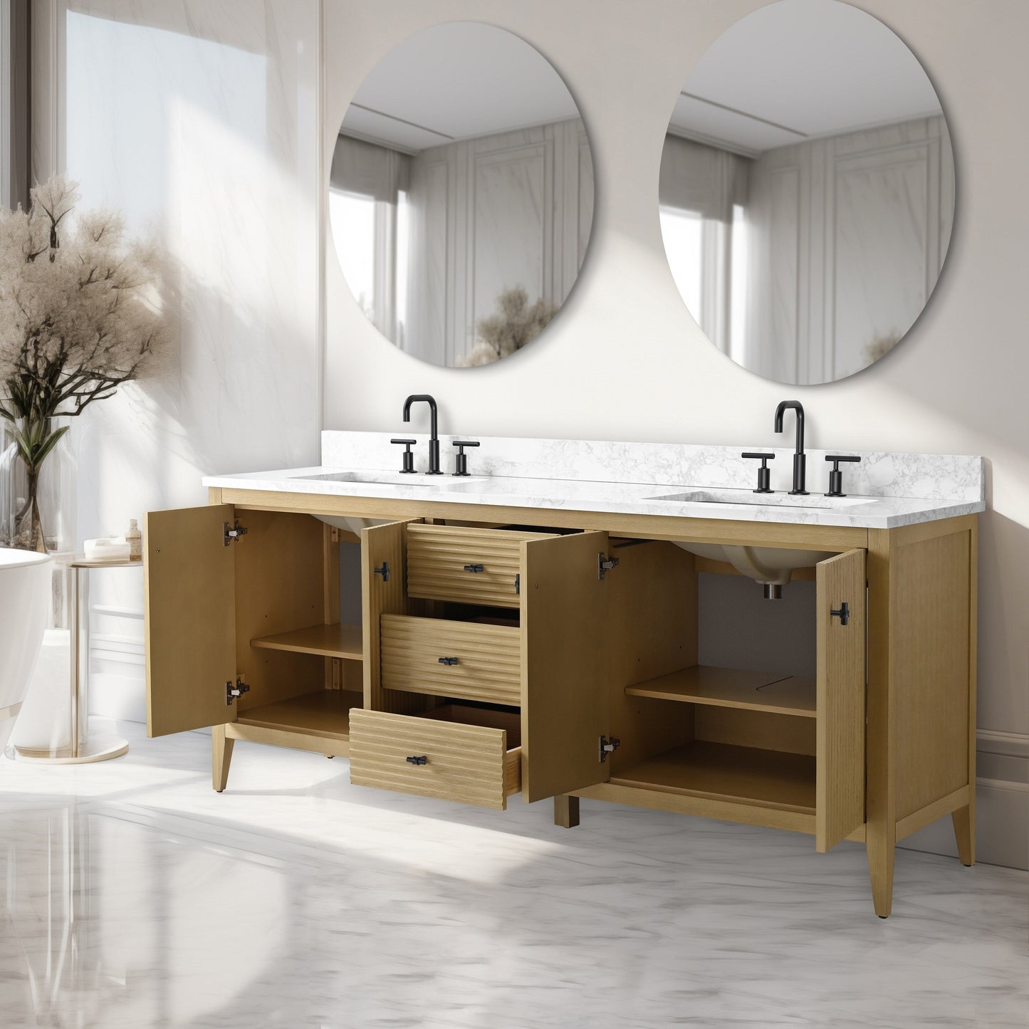 Meuble-lavabo de salle de bain Art 72 avec double lavabo et dessus en marbre synthétique.