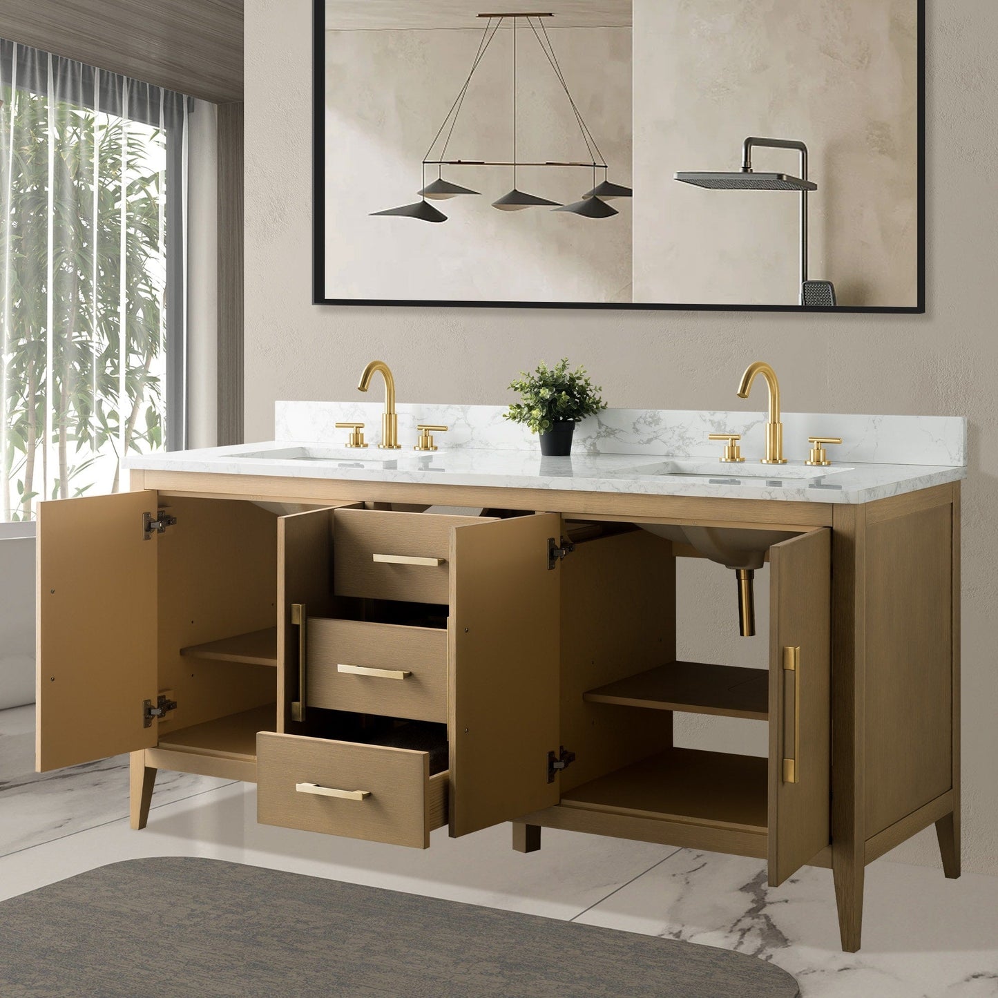 Meuble-lavabo de salle de bain Art 72 avec double lavabo et dessus en marbre synthétique.
