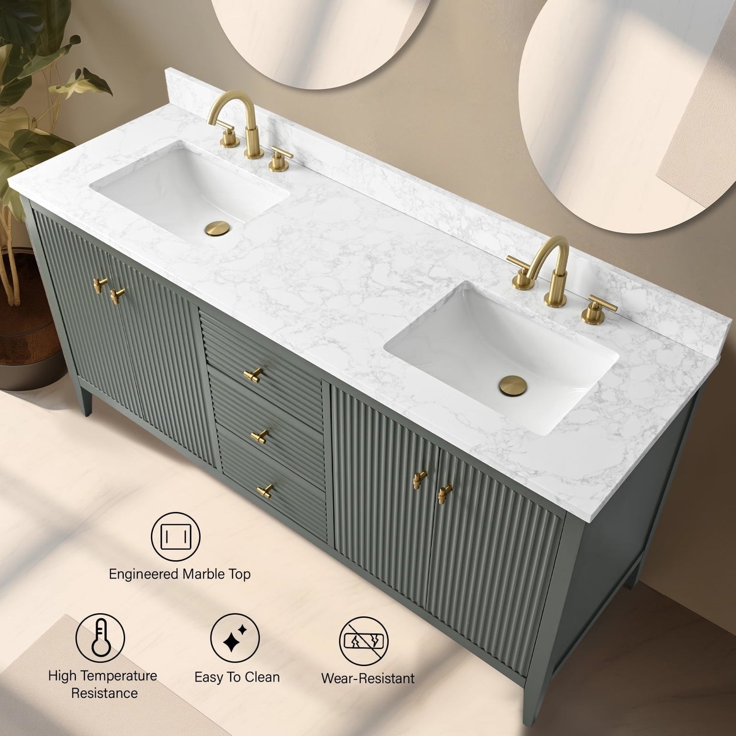 Meuble-lavabo de salle de bain Art 72 avec double lavabo et dessus en marbre synthétique.