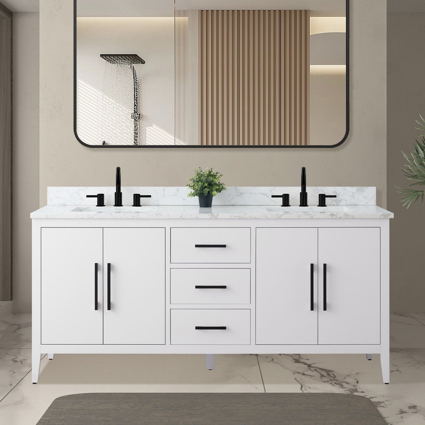 Meuble-lavabo de salle de bain Art 72 avec double lavabo et dessus en marbre synthétique.