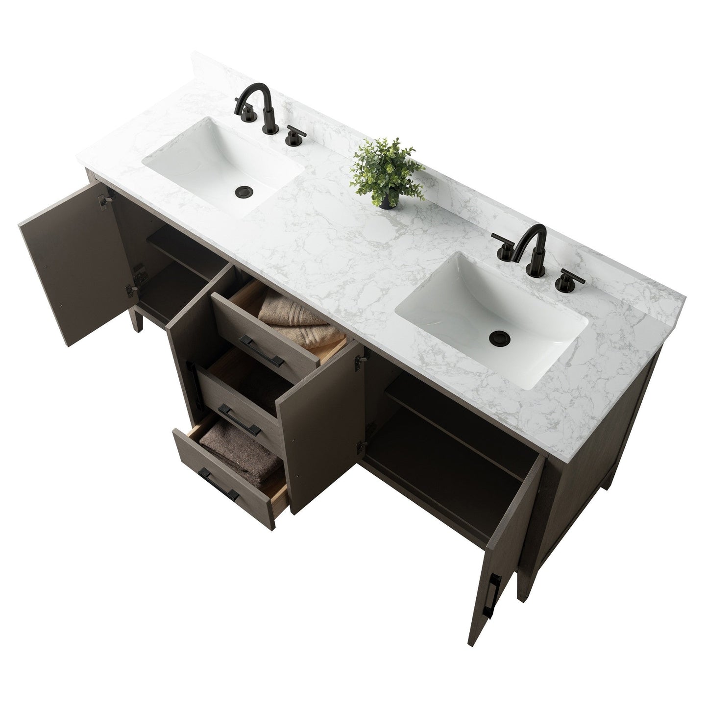 Meuble-lavabo de salle de bain Art 72 avec double lavabo et dessus en marbre synthétique.