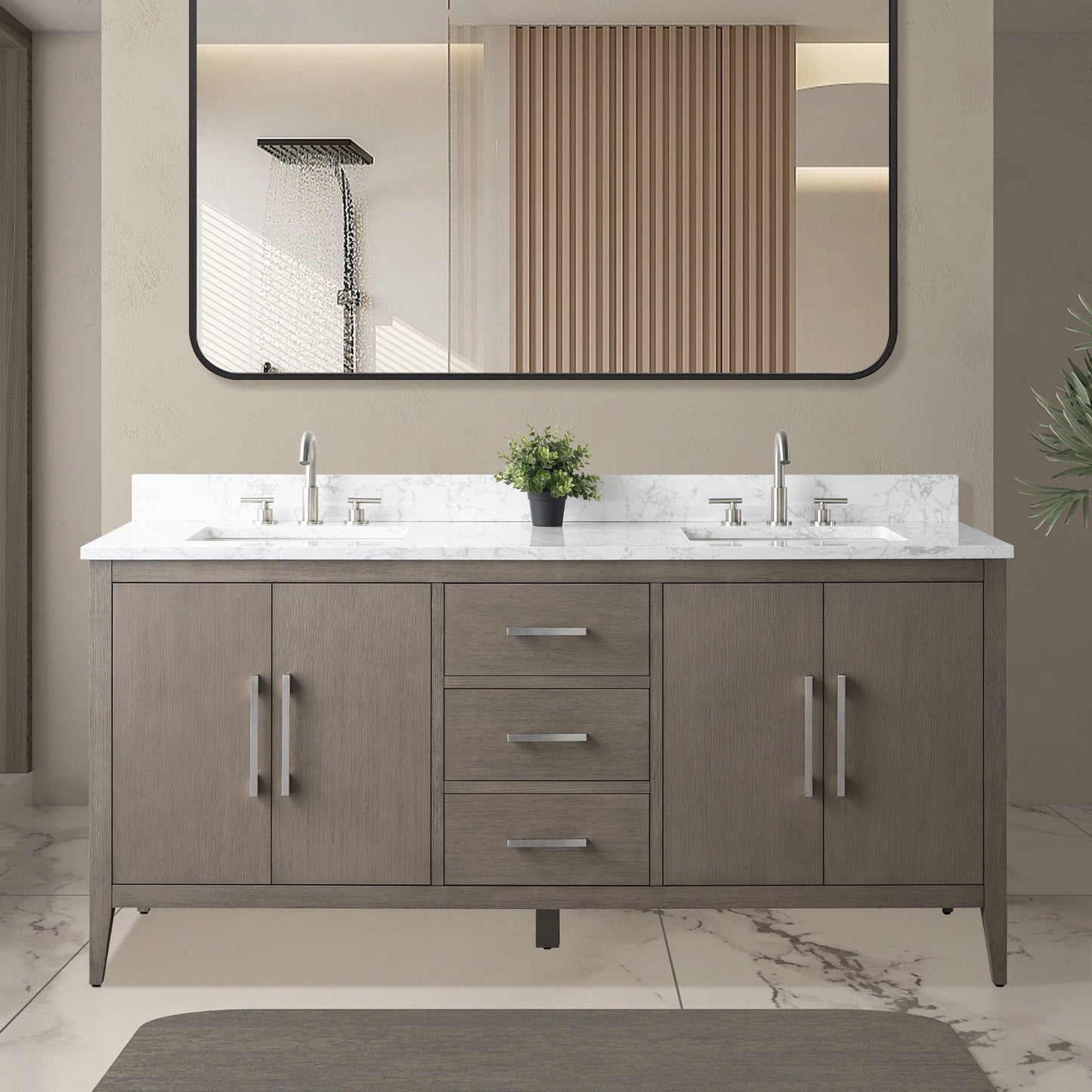 Meuble-lavabo de salle de bain Art 72 avec double lavabo et dessus en marbre synthétique.